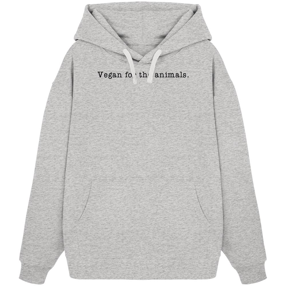 Vegan und Bio Unisex Oversized Hoodie mit Vegan for the animals. Slogan, Kängurutasche und weißen Kordeln. Hergestellt aus 100% Bio-Baumwolle, ideal für nachhaltigen Lebensstil.
