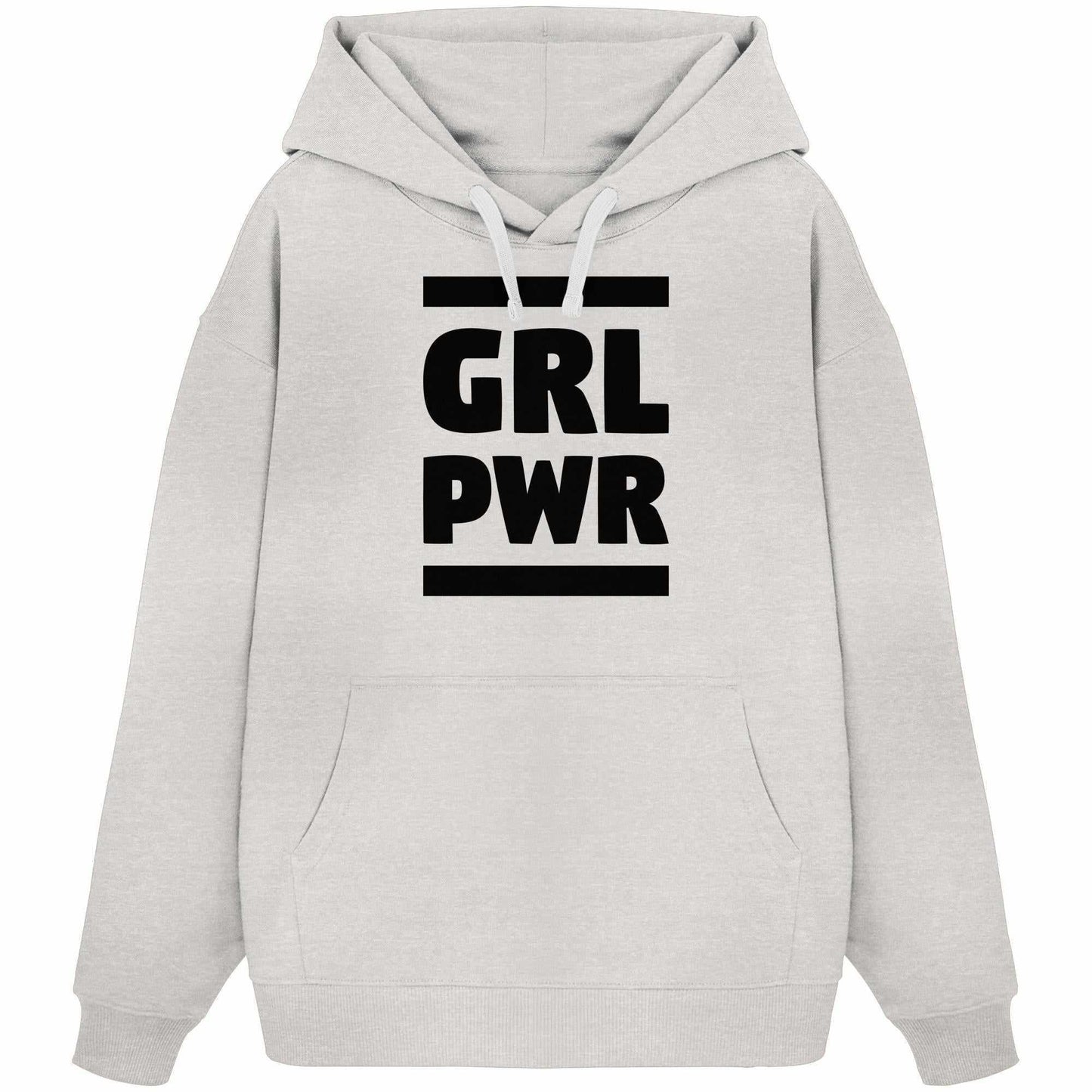 Vegan und Bio Oversized Hoodie mit feministischer Botschaft GIRL POWER, grauer Hoodie mit schwarzem Text, aus 100% Bio-Baumwolle, von RUDE REBEL.