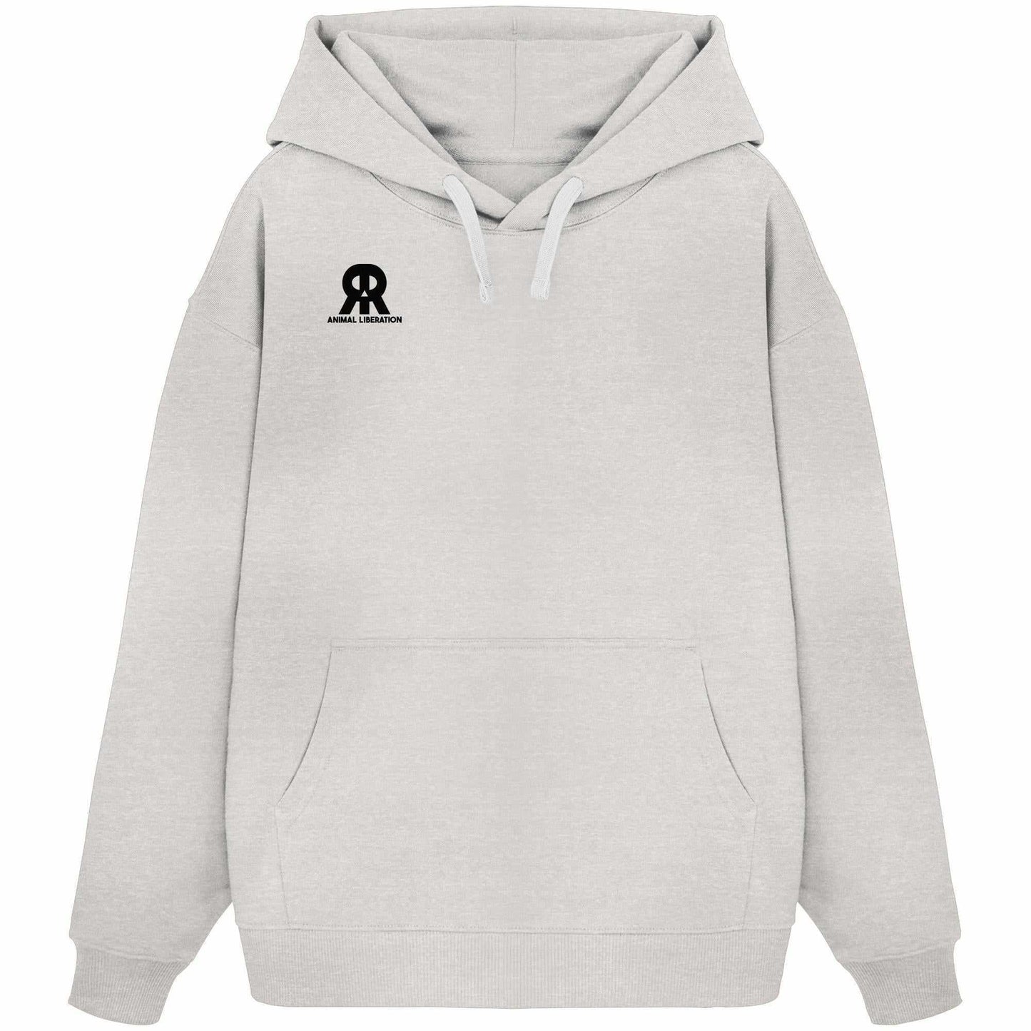 Vegan und Bio Oversized Hoodie: RUDE REBEL Skull - Animal Liberation, mit schwarzem Logo, Kapuze und Kängurutasche, aus 100% Bio-Baumwolle, rebellisches Design.