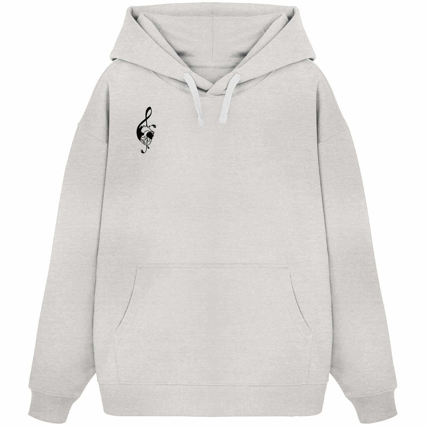 Vegan und Bio Oversized Hoodie: Music Heart, weiß mit schwarzem Herzsymbol, Kapuze, Kängurutasche, 100% Bio-Baumwolle, rebellisches Design von RUDE REBEL.