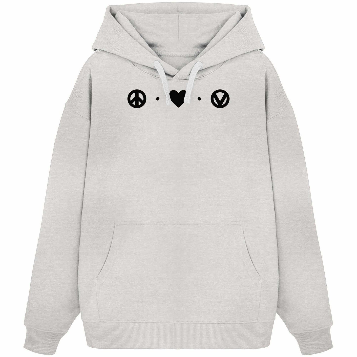 Vegan und Bio Oversized Hoodie: Love - Peace - Veganism, mit schwarzem Peace-Symbol, Kapuze und Kängurutasche, aus 100% Bio-Baumwolle, designed von RUDE REBEL.