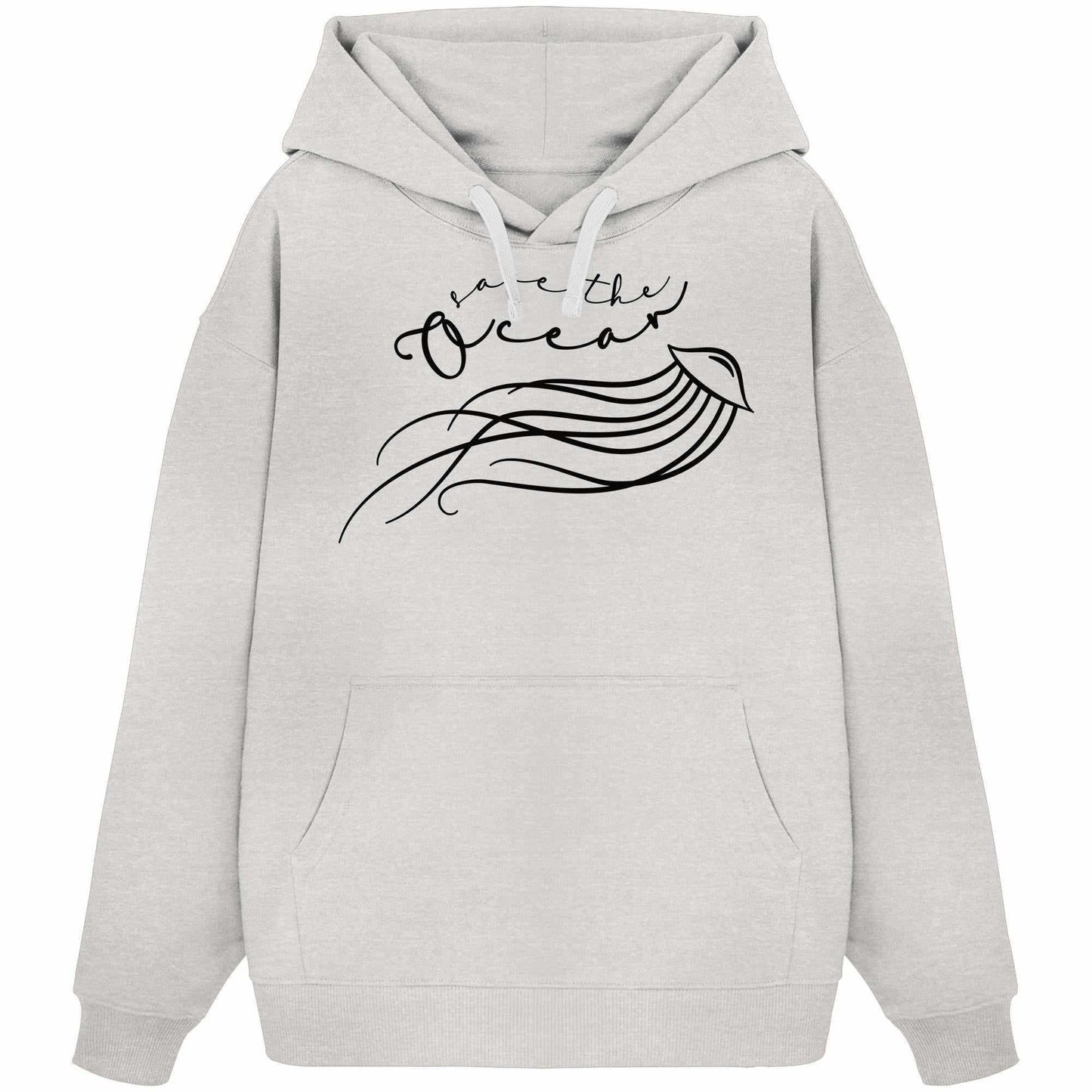 Vegan und Bio Oversized Hoodie: Jellyfish - Save the Ocean, weiß, mit schwarzem Design einer Qualle und Kängurutasche, aus 100% Bio-Baumwolle, oversized Fit.