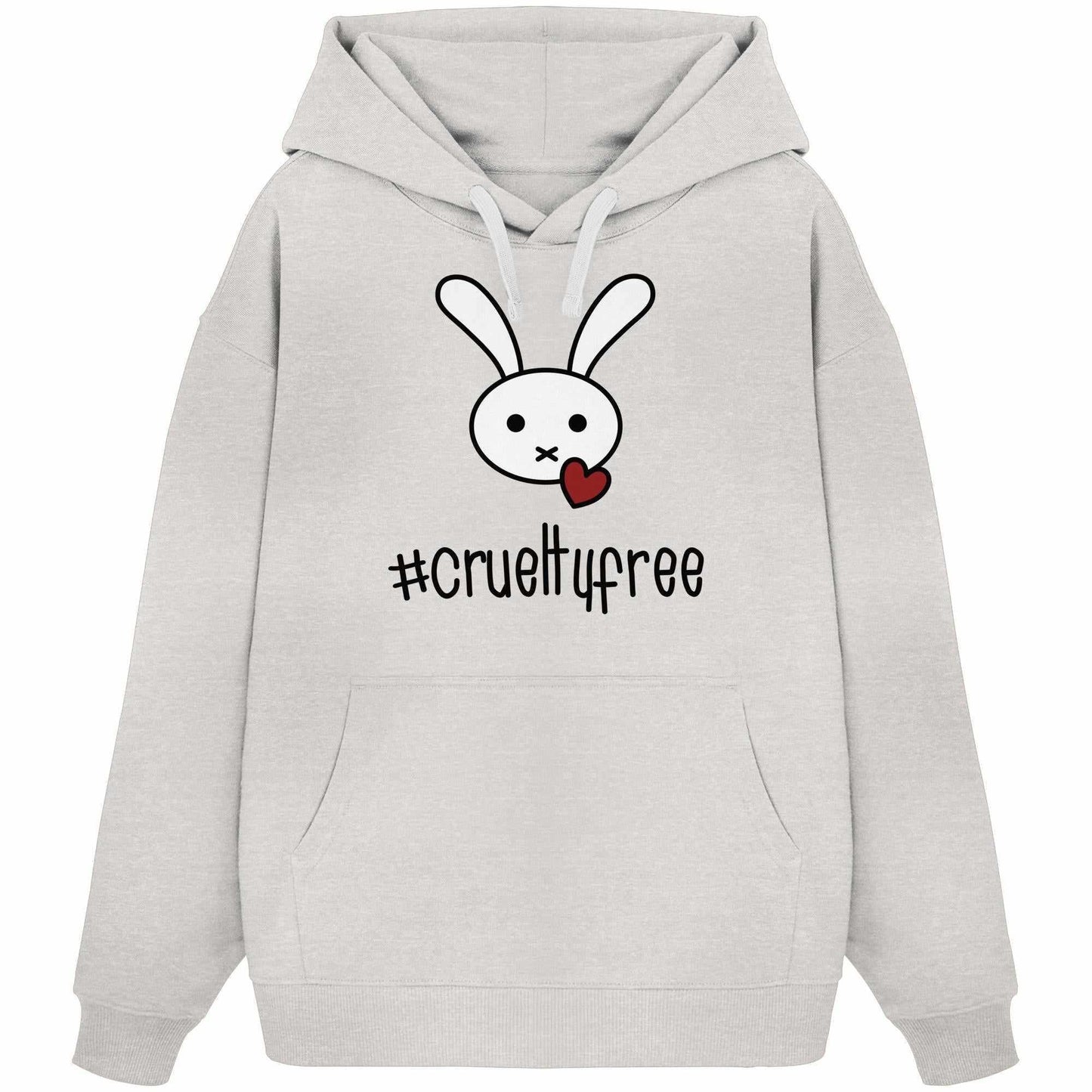 Veganer Bio-Hoodie mit Oversized Fit, zeigt Cartoon-Hase und Herz-Motiv, aus 100% Bio-Baumwolle, von RUDE REBEL, thematisiert Tierrechte und Nachhaltigkeit.