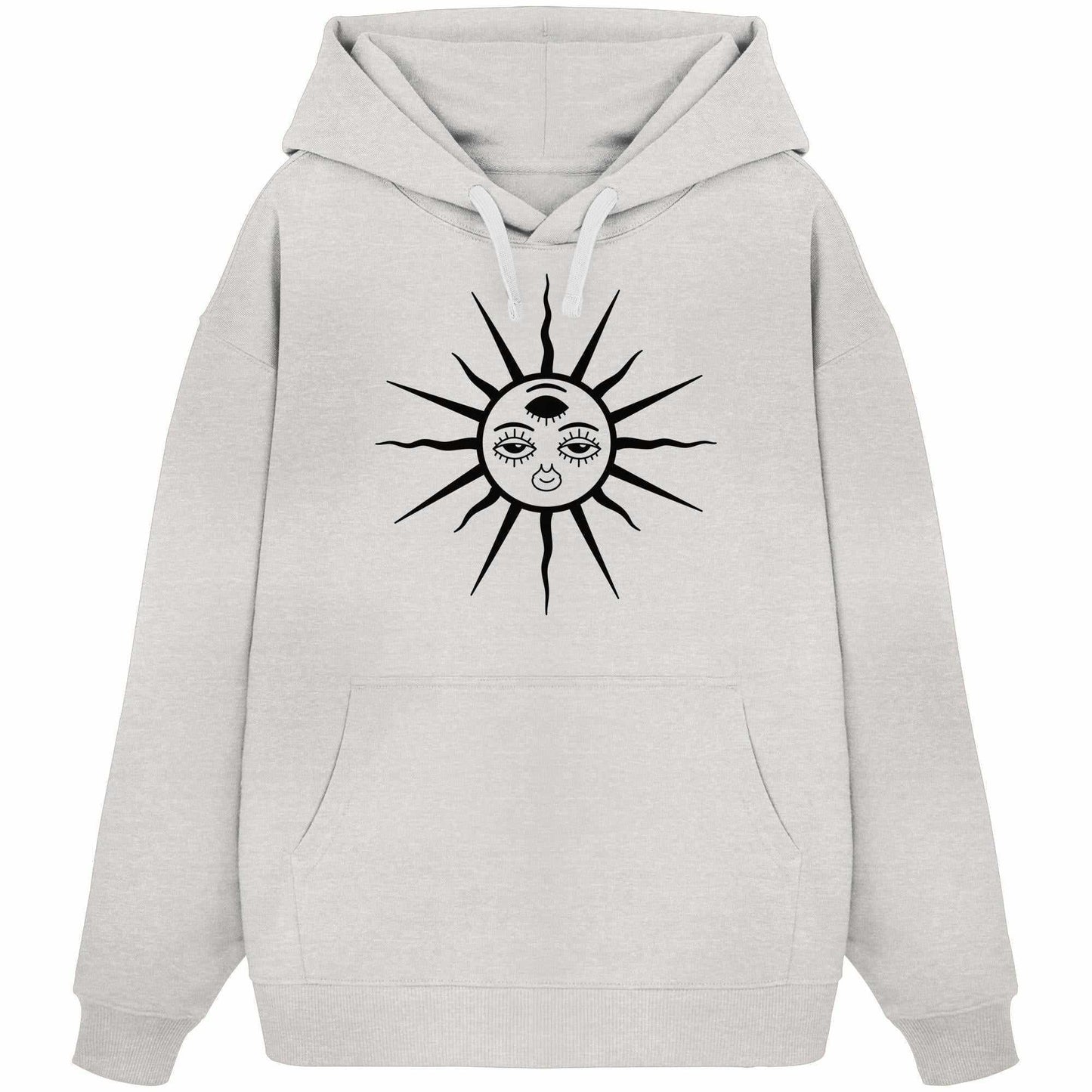 Vegan und Bio Oversized Hoodie mit Ethno-Design, zeigt eine Sonne mit drittem Auge. Perfekt für Goa Raves, aus 100% Bio-Baumwolle.