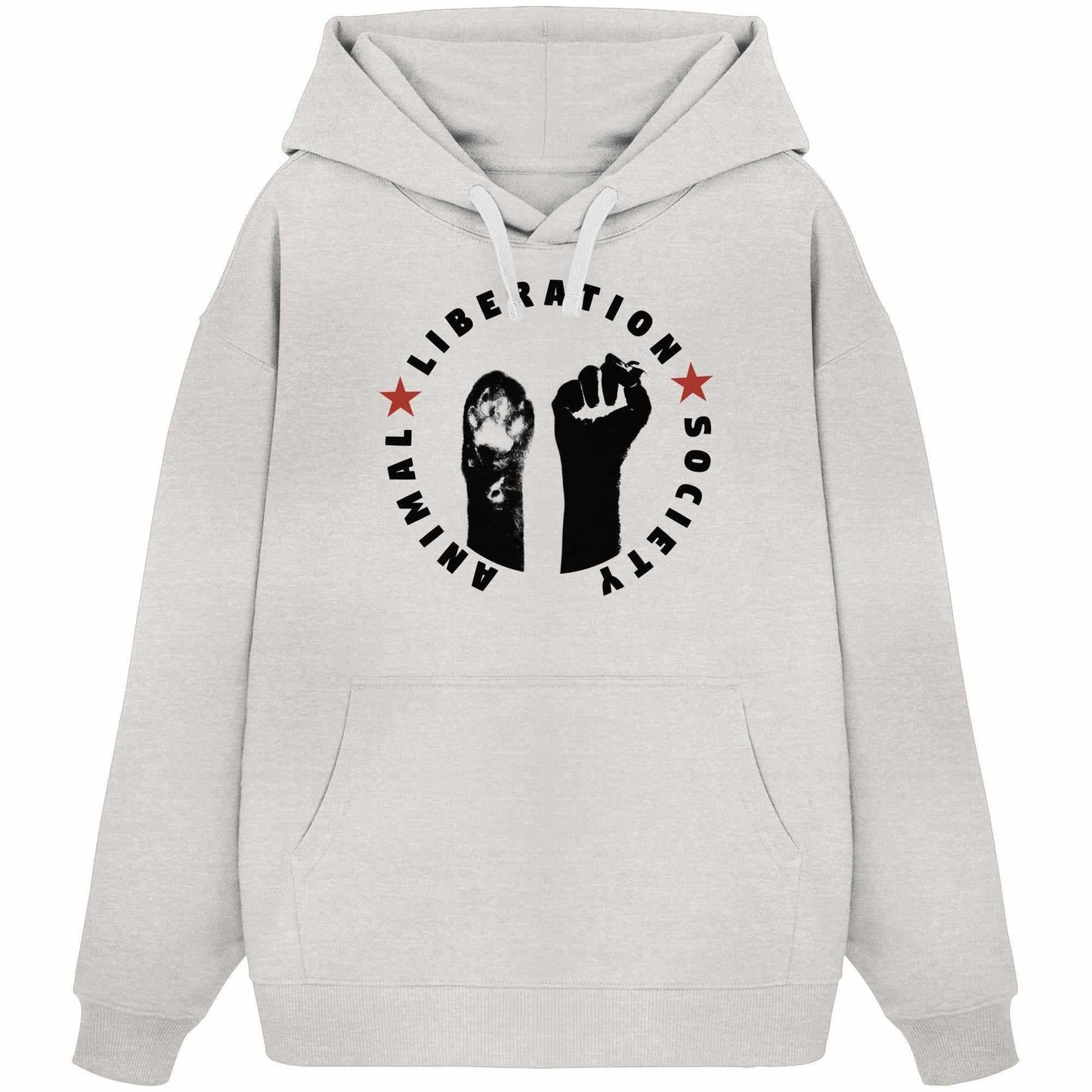 Vegan und Bio Oversized Hoodie: Raise paw and fist for Animal Liberation! Weißer Hoodie mit schwarzen Händen und Schriftzug, symbolisiert Mensch-Tier-Solidarität.