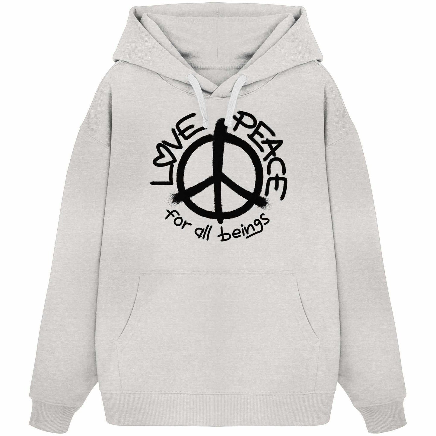 Vegan und Bio Oversized Hoodie mit Friedenssymbol, aus 100% Bio-Baumwolle, verkörpert Liebe und Frieden für alle Wesen.