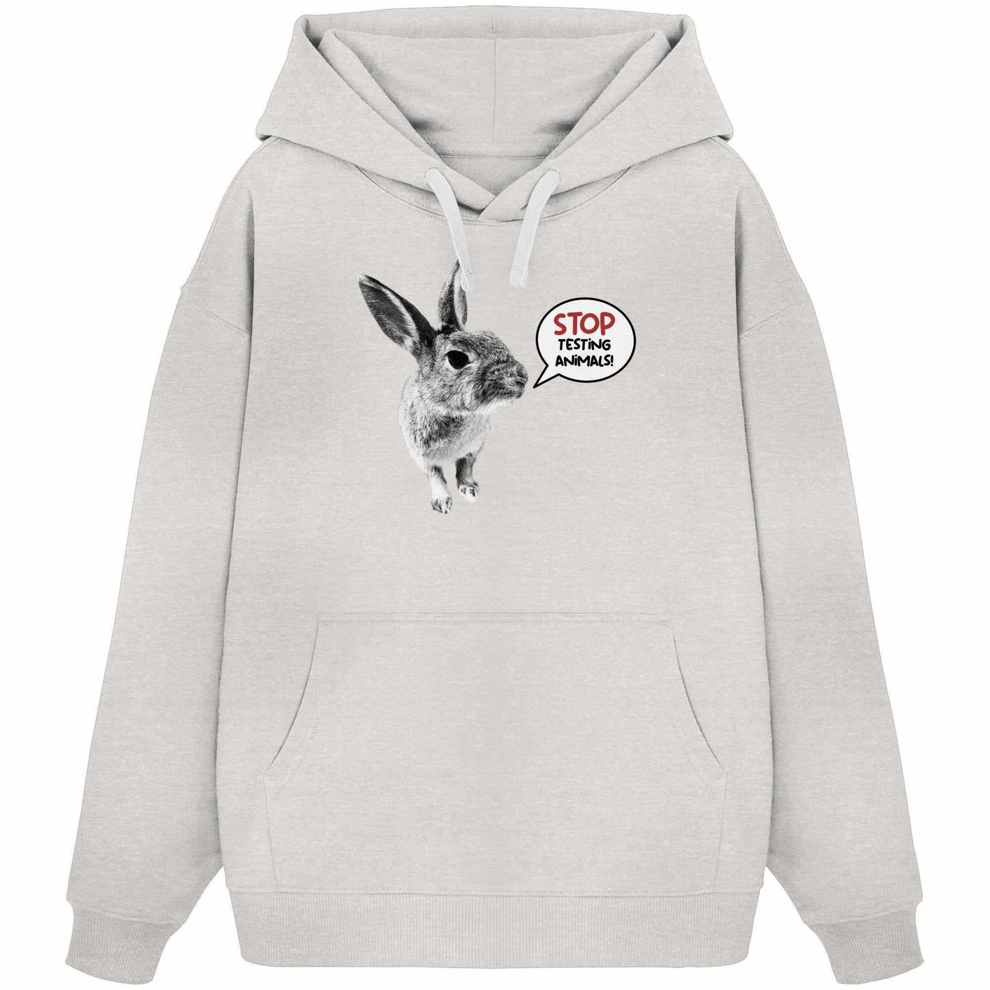 Vegan und Bio Oversized Hoodie mit Häschen und Aufschrift STOP ANIMAL TESTING!. Nachhaltig aus 100% Bio-Baumwolle, ideal für Tierschutz-Bewusste.