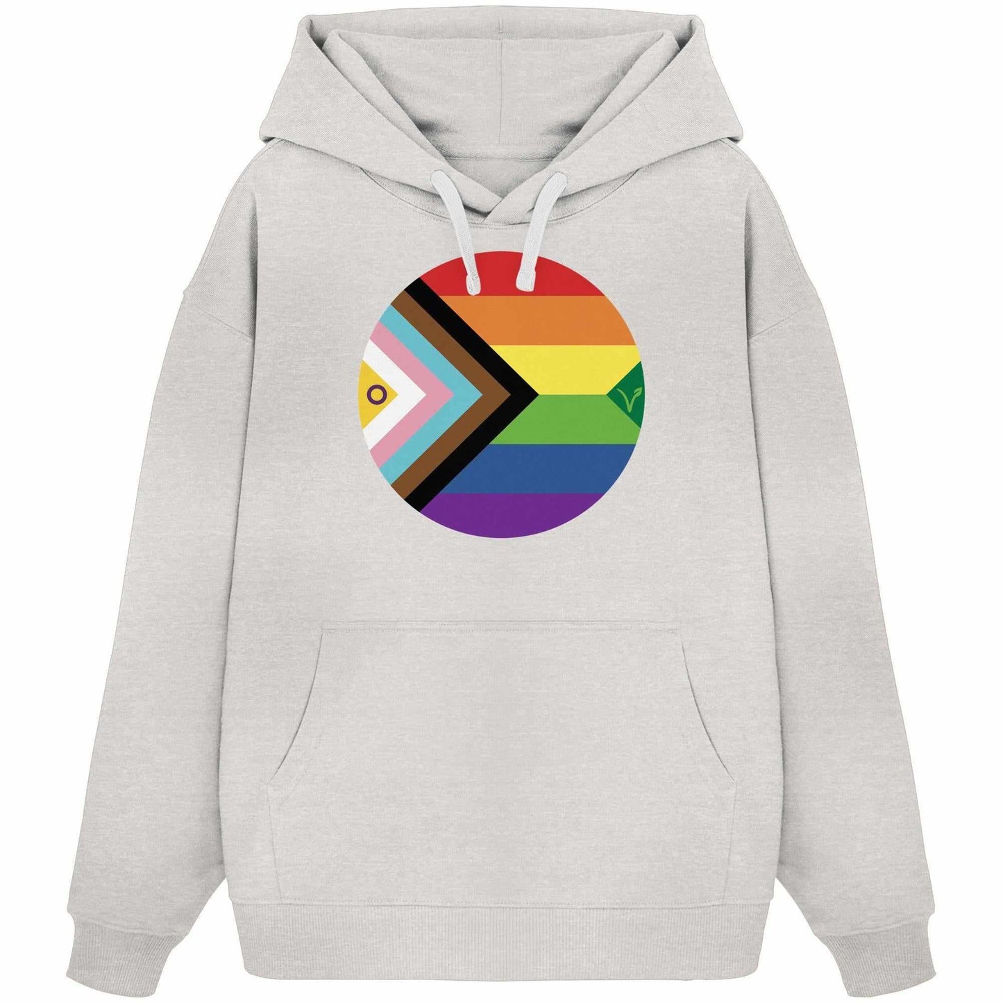 Vegan und Bio Oversized Hoodie: LGBTQAI+ Veganismus. Weißer Hoodie mit Regenbogenkreis, Bio-Baumwolle, Kängurutasche und Kapuze.