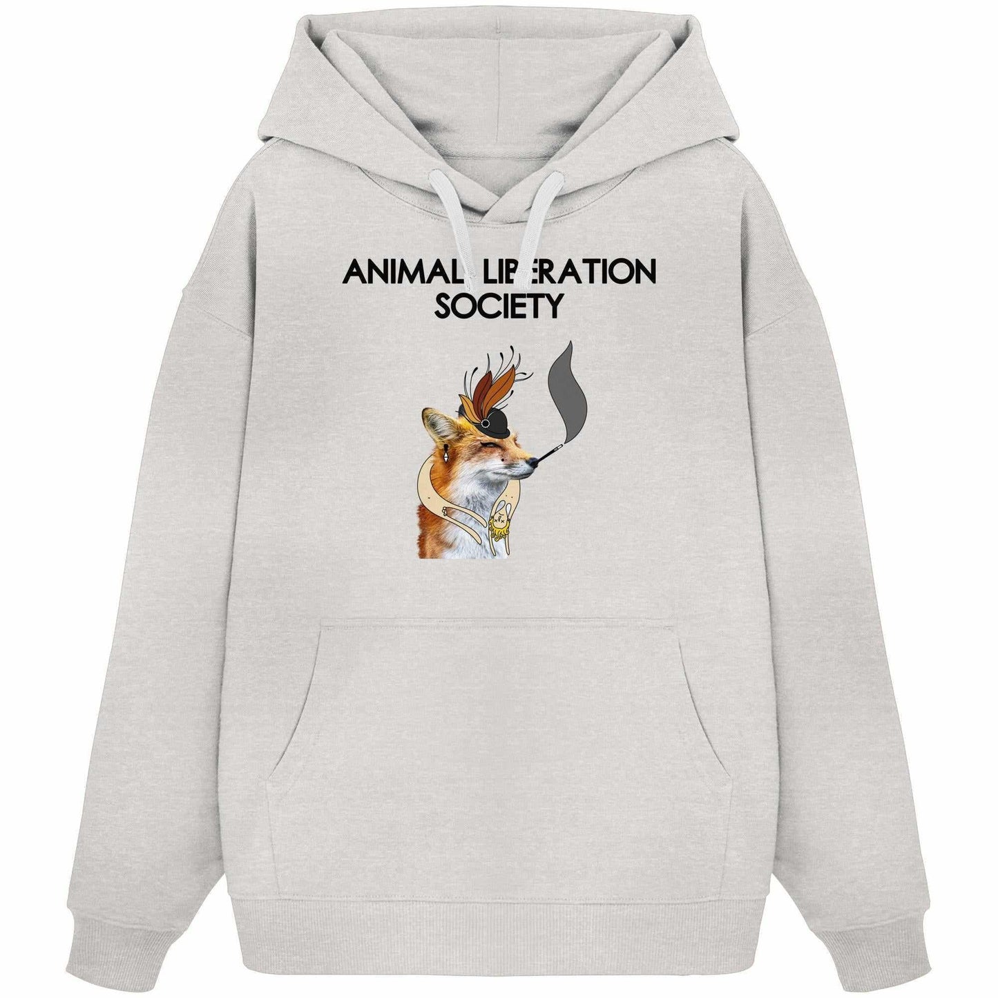 Vegan und Bio Oversized Hoodie: Mrs. Fox - Animal Liberation Society, mit Fuchs-Design. Kapuze, Kängurutasche und aus 100% Bio-Baumwolle, betont Tierrechtsbewusstsein.