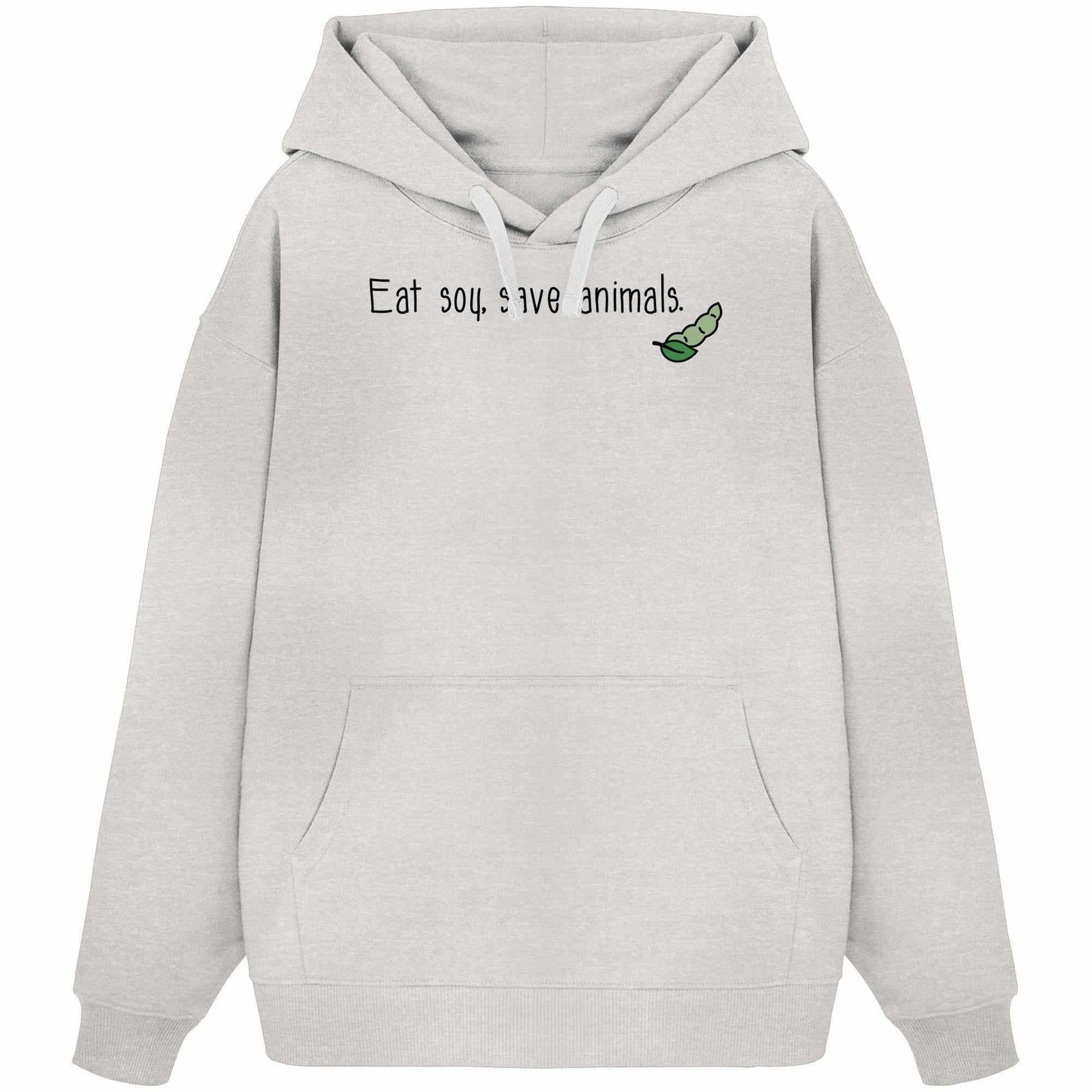 Vegan und Bio Oversized Hoodie: Veganism - Eat soy, save animals. Weißer Hoodie mit grünem Blattdesign, Kängurutasche und Kapuze aus 100% Bio-Baumwolle.