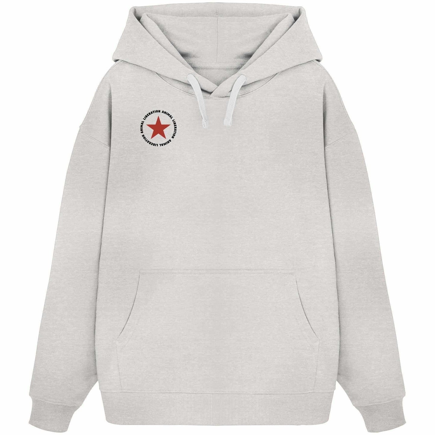 Vegan und Bio Oversized Hoodie: Red Star - Animal Liberation mit rotem Stern vorne, Kapuze und Kängurutasche, aus 100% Bio-Baumwolle, rebellisches Design von RUDE REBEL.