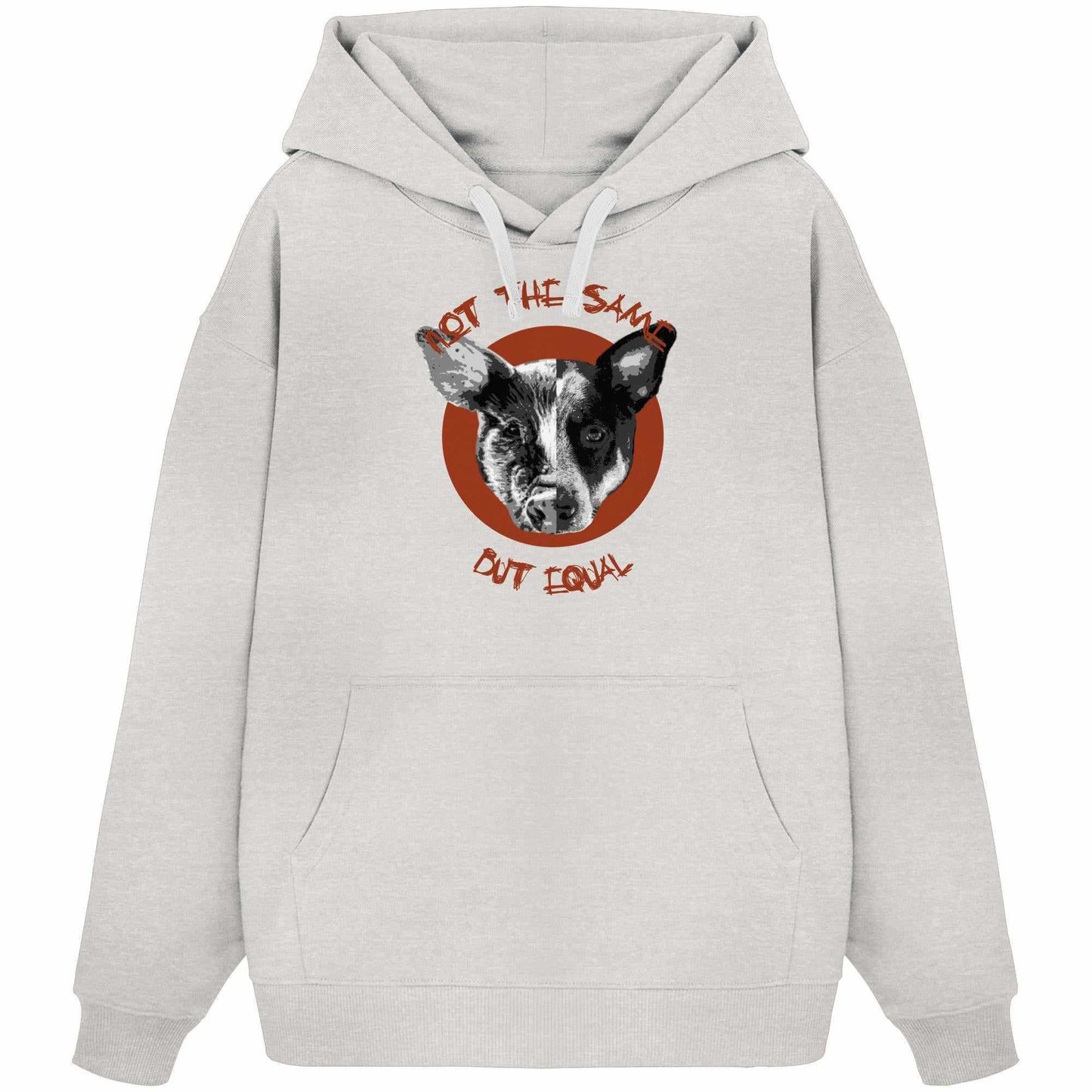 Vegan und Bio Oversized Hoodie mit Hundeschwein-Collage, 100% Bio-Baumwolle, Kapuze, Kängurutasche, thematisiert Tierrechte und Gleichheit.