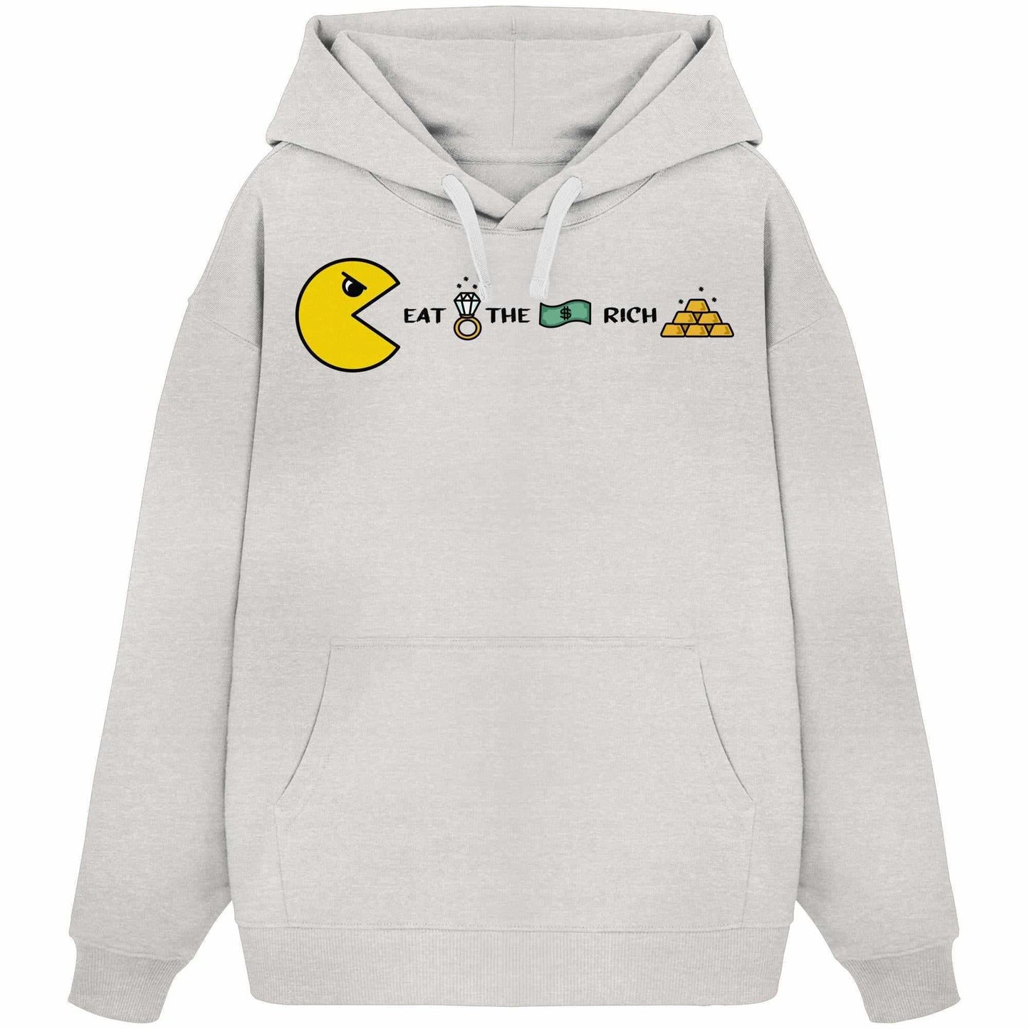 Vegan und Bio Oversized Hoodie: PAC-MAN - Eat the rich, weißer Hoodie mit gelbem Pac-Man und Pyramidenmotiv, aus 100% Bio-Baumwolle, rebellisches Design.