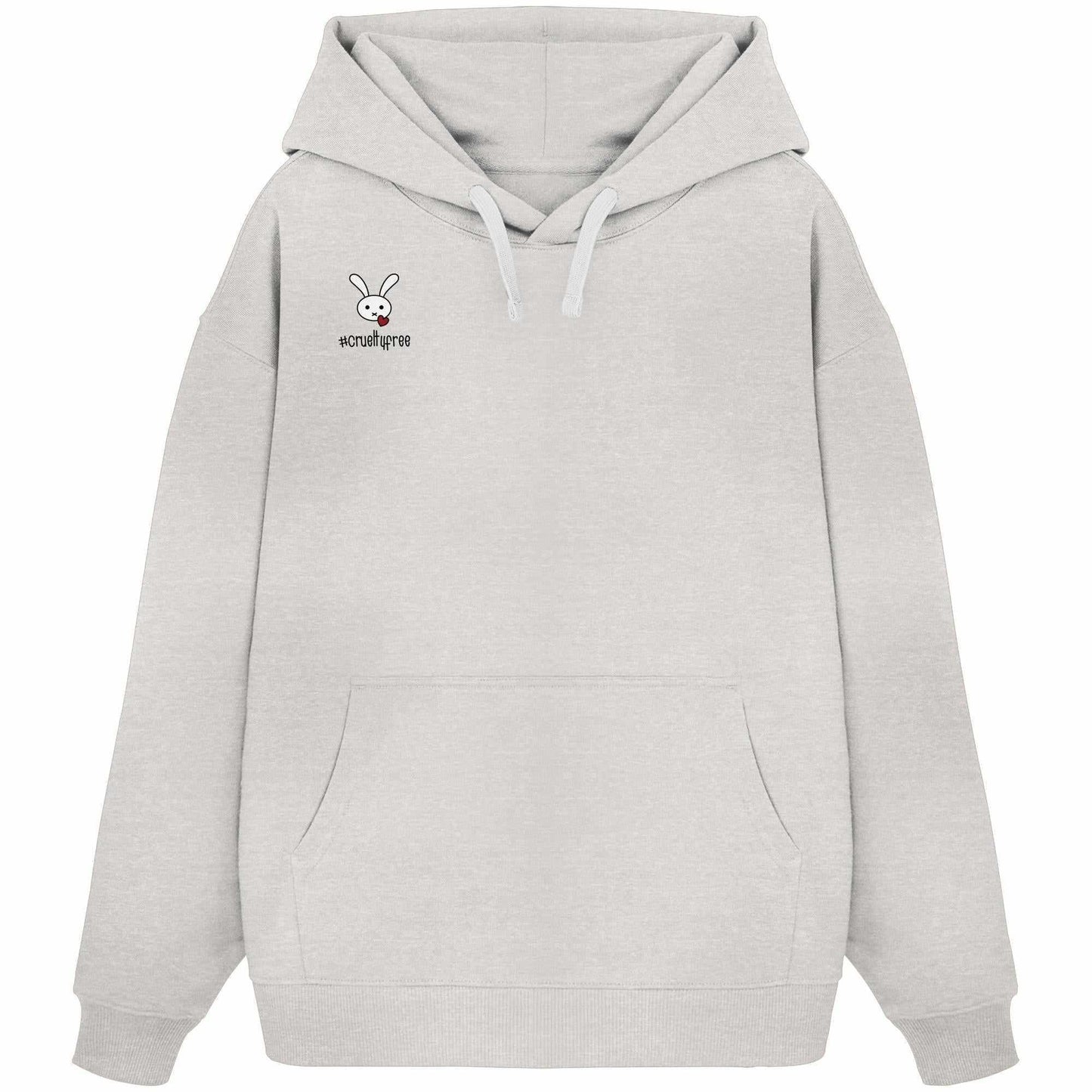 Vegan und Bio Oversized Hoodie: Crueltyfree Bunny mit Kaninchenmotiv auf grauem Hintergrund. Hergestellt aus 100% Bio-Baumwolle, mit Kapuze und Kängurutasche.