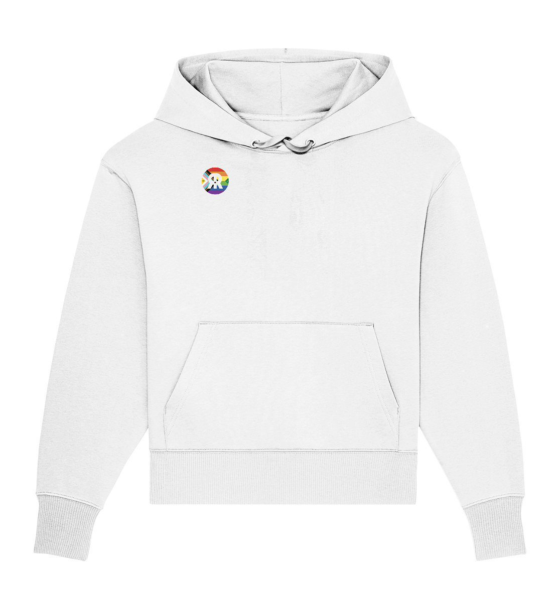 Vegan, Organic & Recycled Oversized Hoodie: LGBTQAI+ VEGAN + RUDE REBEL Skull (Queer Fahne in Kreisform und ein V für Veganismus, mit dem Rude Rebel Logo in der Mitte, Solidarität, Veganismus, LGBTQ Community) in weiß