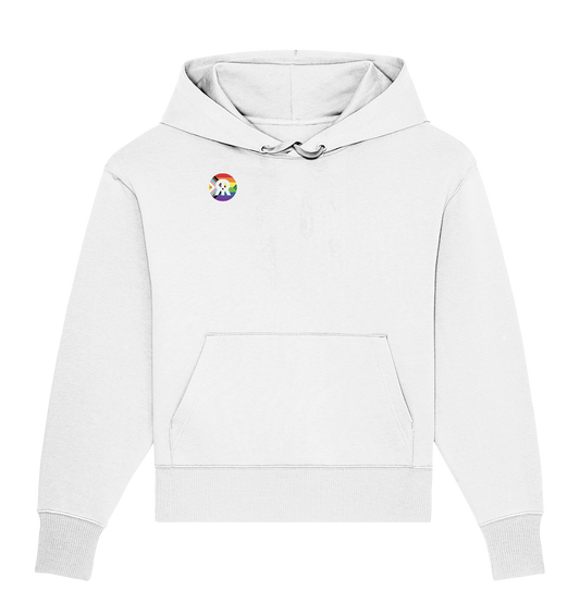 Vegan, Organic & Recycled Oversized Hoodie: LGBTQAI+ VEGAN + RUDE REBEL Skull (Queer Fahne in Kreisform und ein V für Veganismus, mit dem Rude Rebel Logo in der Mitte, Solidarität, Veganismus, LGBTQ Community) in weiß