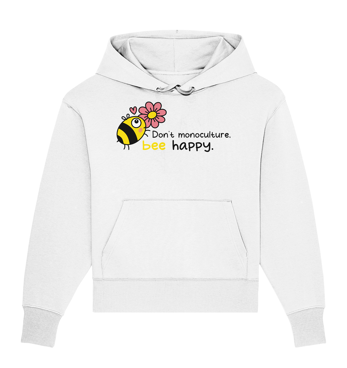 Vegan, Organic & Recycled Oversized Hoodie: Save the bees (bedruckt mit süßer Biene im Comic Stil, kleinem rosa Herz und Blume, Schriftzug, Vegan Merch, Insektenschutz, Rettet die Bienen, Wildbienen schützen, Tierschutz) in weiß