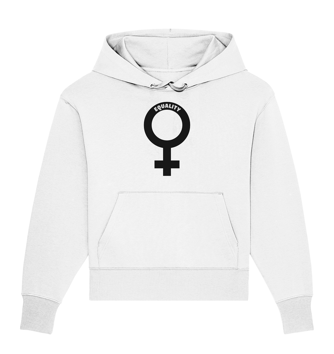 Vegan, Organic & Recycled Oversized Hoodie: Das Venussymbol mit feministischer Message (bedruckt mit Venus Symbol und dem Schriftzug "Equality", feministische Shirts, Feminismus, Feminismus Merch, feministische Kleidung, gegen das Patriarchat) in weiß