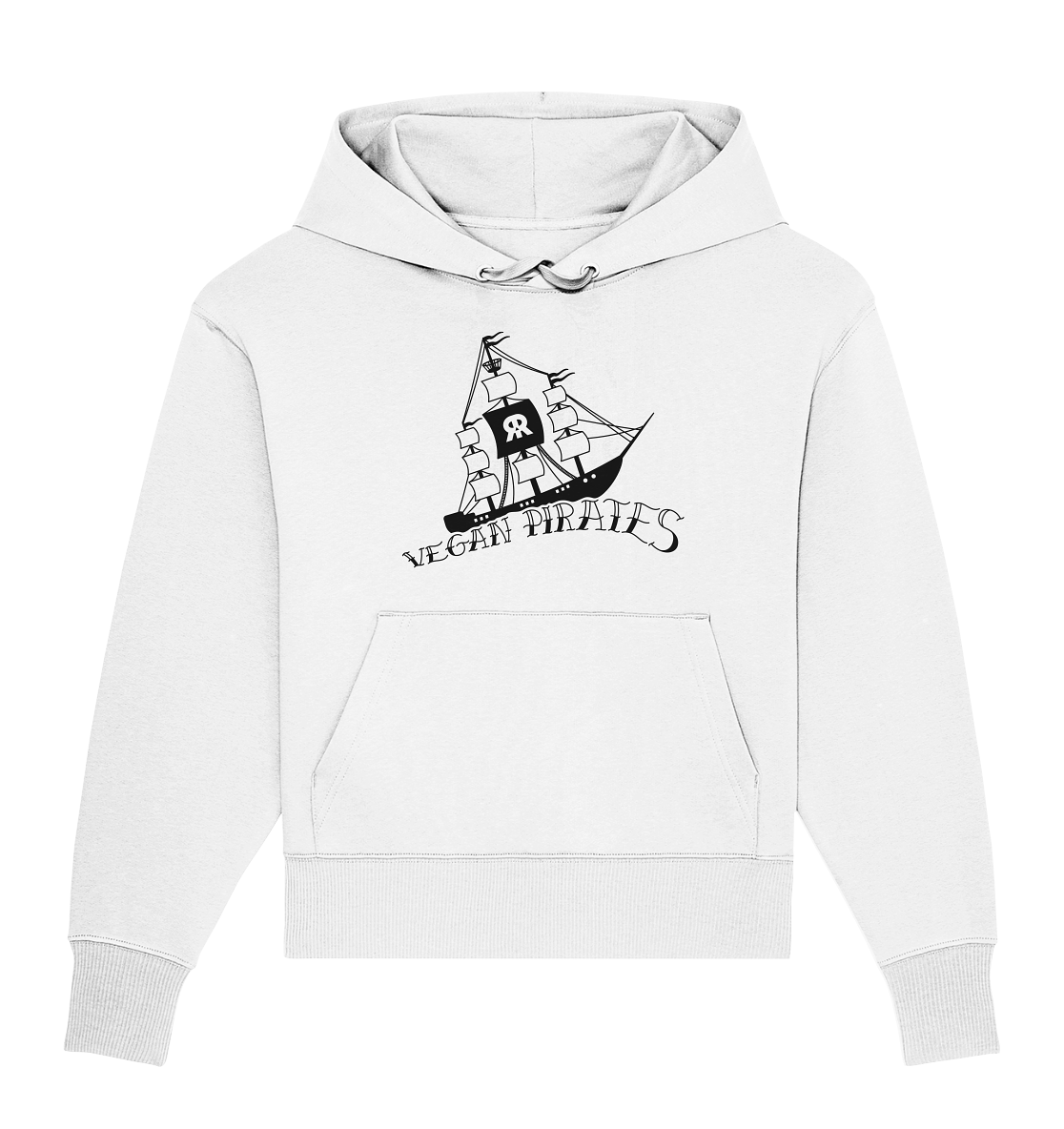 Vegan, Organic & Recycled Oversized Hoodie: Vegan Pirates (Piratenschiff und Schriftzug in Wellenform) in weiß