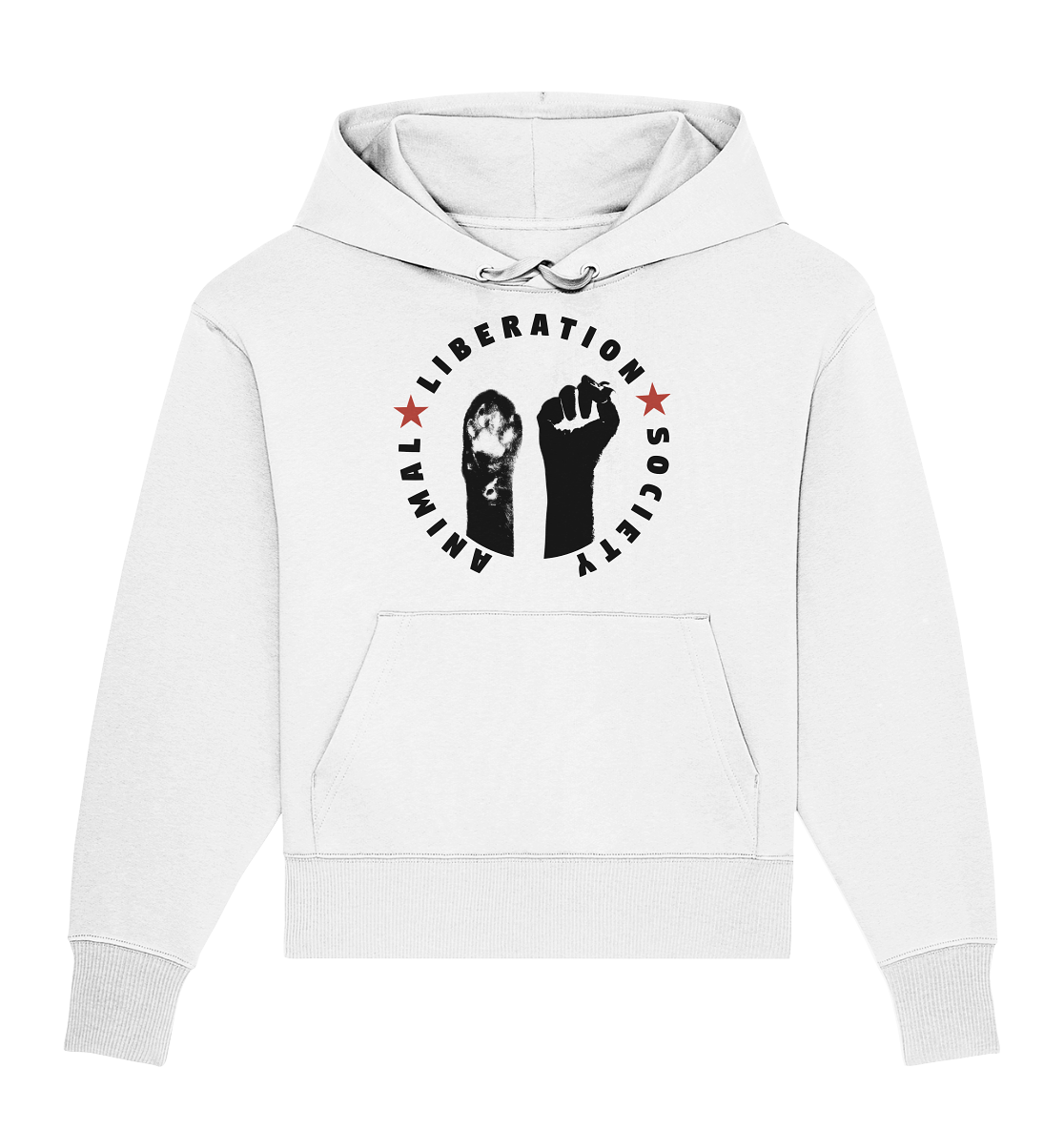 Vegan, Organic & Recycled Oversized Hoodie: Raise paw and fist for Animal Liberation! (runder Schriftzug und zwei Sterne, in der Mitte Menschenfaust und Katzenpfote, Tierrechte) in weiß