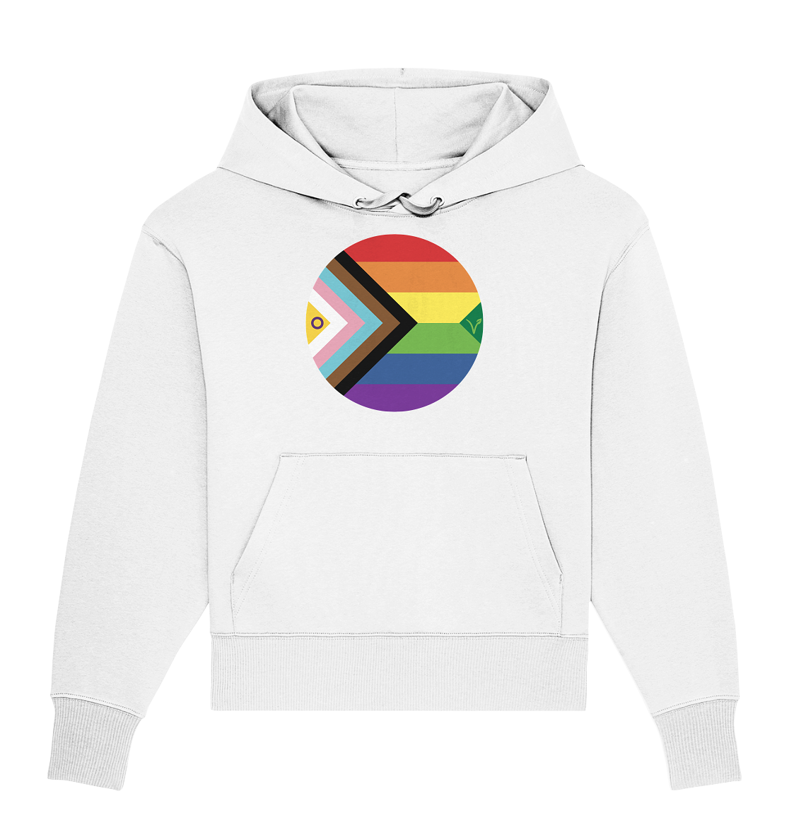 Vegan, Organic & Recycled Oversized Hoodie: LGBTQAI+ VEGAN BIG (Queer Fahne in Kreisform und ein V für Veganismus, Solidarität, Veganismus, LGBTQ Community) in weiß