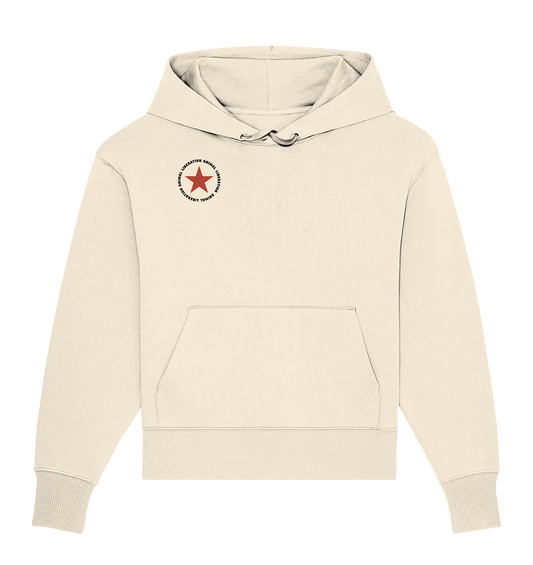 Vegan, Organic & Recycled Oversized Hoodie: Red Star with Animal Liberation (bedruckt mit großem roten Stern und Schriftzug darum, Vegan Merch, Veganismus, Animal Rights) in beige