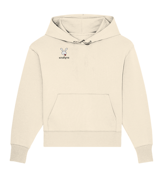 Vegan, Organic & Recycled Oversized Hoodie: Crueltyfree Bunny (weißes süßes Häschen und rotes Herz mit Schriftzug, gegen Tierersuche in der Kosmetikindustrie, Vegan für die Tiere, Veganismus) in beige