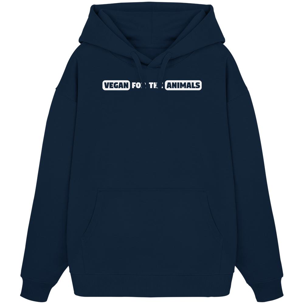 Vegan und Bio Oversized Hoodie: VEGAN FOR THE ANIMALS Edition 2, navyblauer Hoodie mit Kängurutasche, Kapuze, weißem Grafiktext VEGAN FOR THE ANIMALS, aus 100% Bio-Baumwolle.
