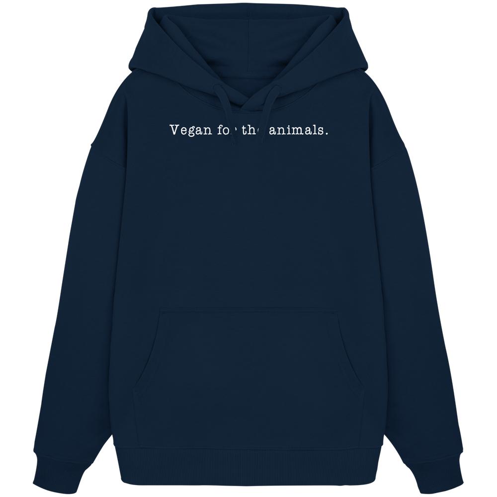 Navy-blauer Unisex Oversized Hoodie mit weißem Text Vegan for the animals. aus 100% Bio-Baumwolle, Kängurutasche und Kapuze, passend zu RUDE REBELs nachhaltigem, veganem Sortiment.