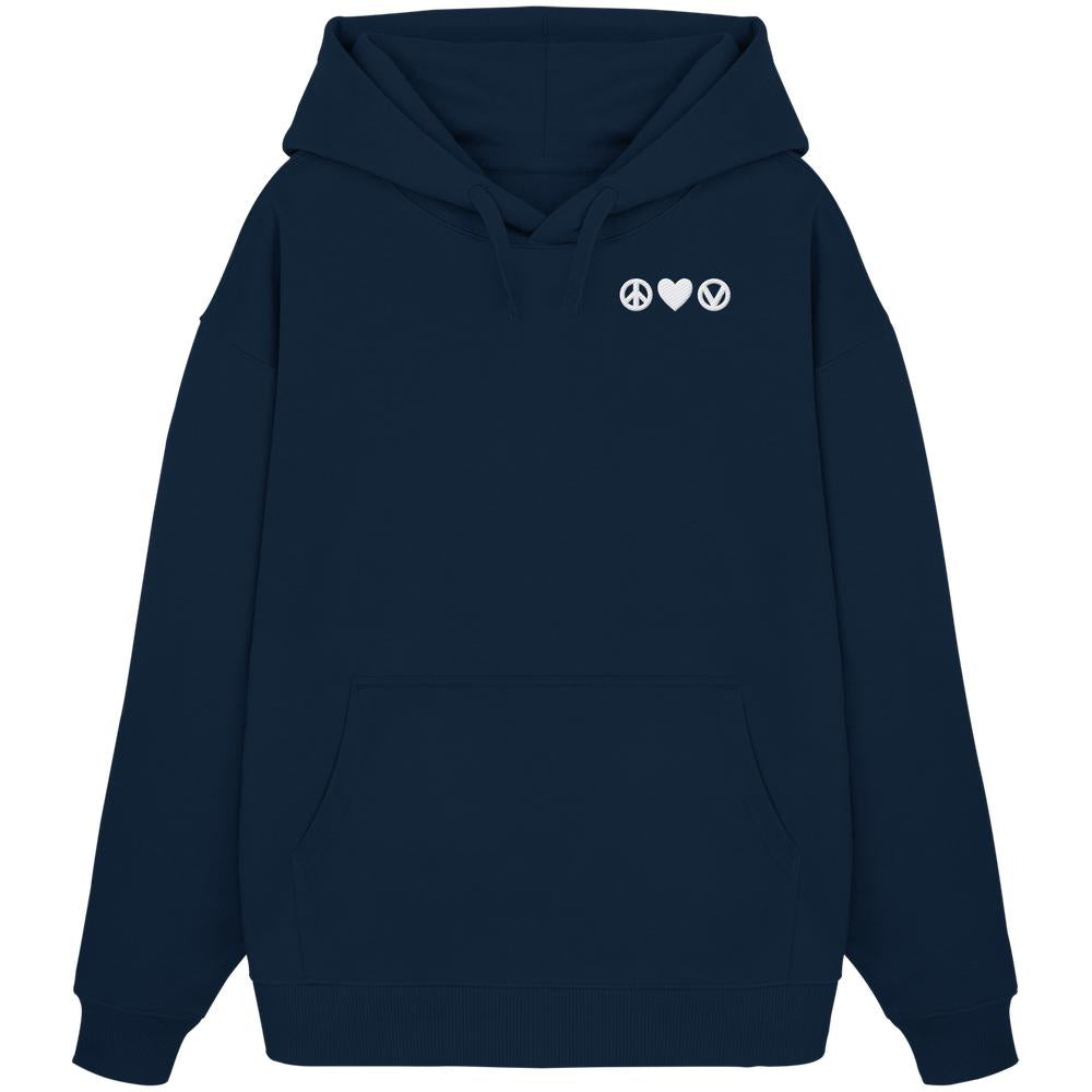 Navyblauer Oversized Hoodie aus Bio-Baumwolle mit weißem Peace ♥ Vegan-Design, Kängurutasche und Kapuze. Nachhaltiger Stil von RUDE REBEL, betont Veganismus und Umweltbewusstsein.