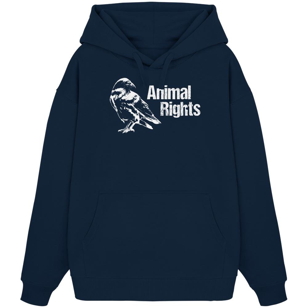 Vegan und Bio Oversized Hoodie: Raven - Animal Rights zeigt eine weiße, gestencilte Krähe mit Animal Rights-Schriftzug auf navy-blauem Hoodie aus 100% Bio-Baumwolle.