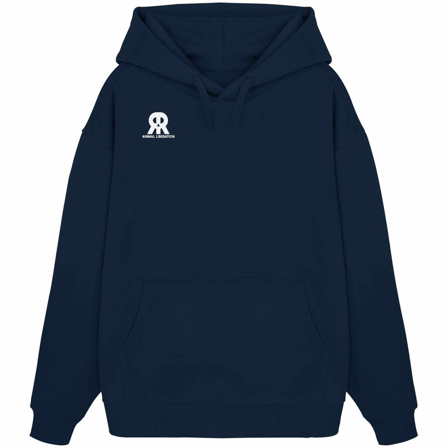 Vegan und Bio Oversized Hoodie: RUDE REBEL Skull - Animal Liberation, mit Totenkopf-Logo, Kängurutasche und Kapuze, aus 100% Bio-Baumwolle, rebellisches Design von RUDE REBEL.