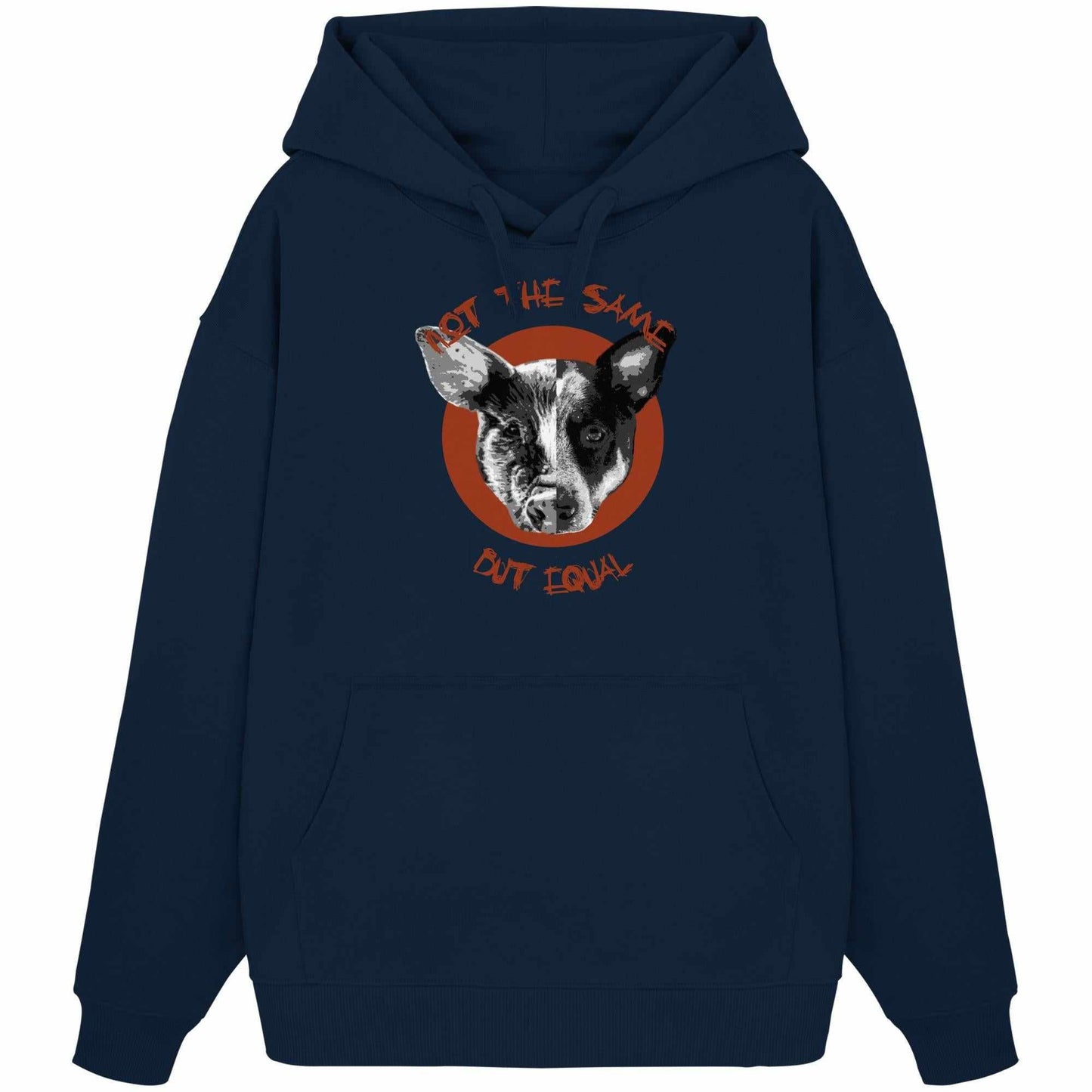 Vegan und Bio Oversized Hoodie mit Hunde- und Schweineprint, thematisiert Tierrechte. Aus 100% Bio-Baumwolle, mit Kapuze und Kängurutasche.