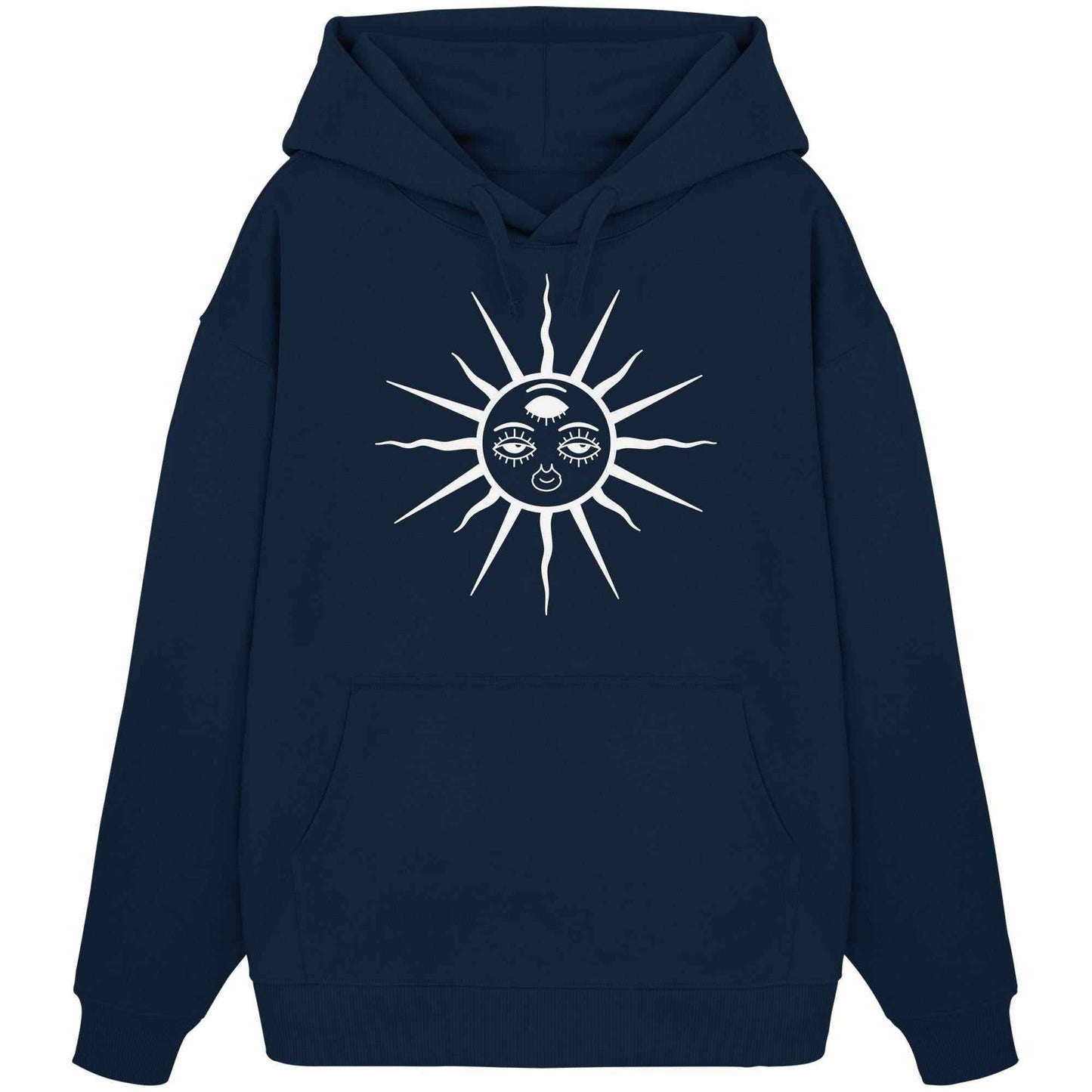 Vegan und Bio Oversized Hoodie: The Sun - Third Eye Awakening, mit einem Ethno-Design, zeigt eine Sonne mit Gesicht und drei Augen. Perfekt für Goa Raves.