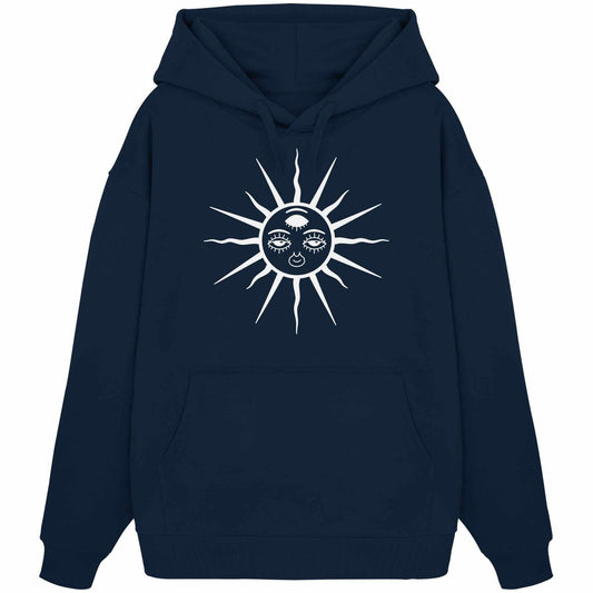 Vegan und Bio Oversized Hoodie: The Sun - Third Eye Awakening, mit einem Ethno-Design, zeigt eine Sonne mit Gesicht und drei Augen. Perfekt für Goa Raves.