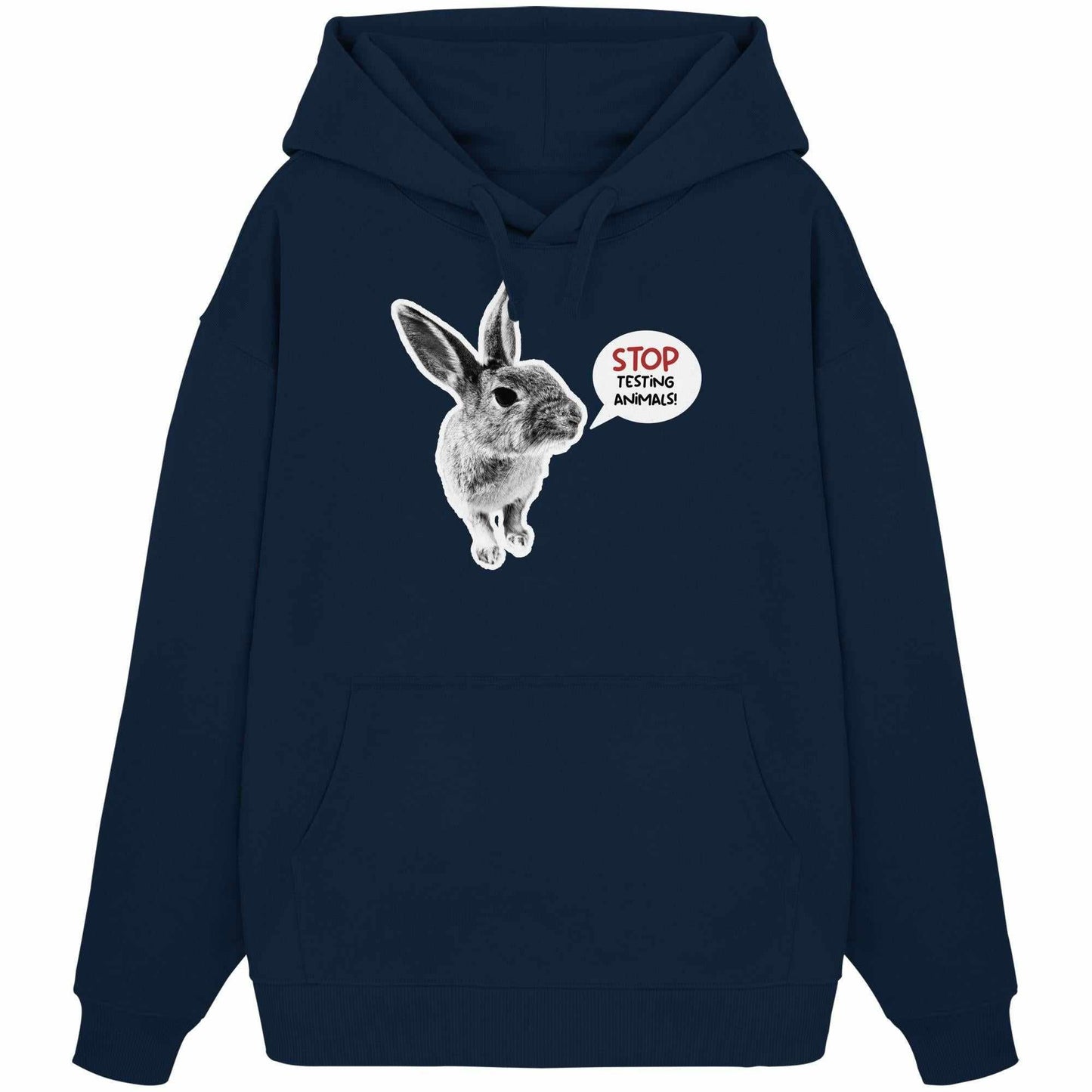 Vegan und Bio Oversized Hoodie mit Häschenmotiv und Botschaft Stop Animal Testing. Nachhaltig aus 100% Bio-Baumwolle, designed von RUDE REBEL.