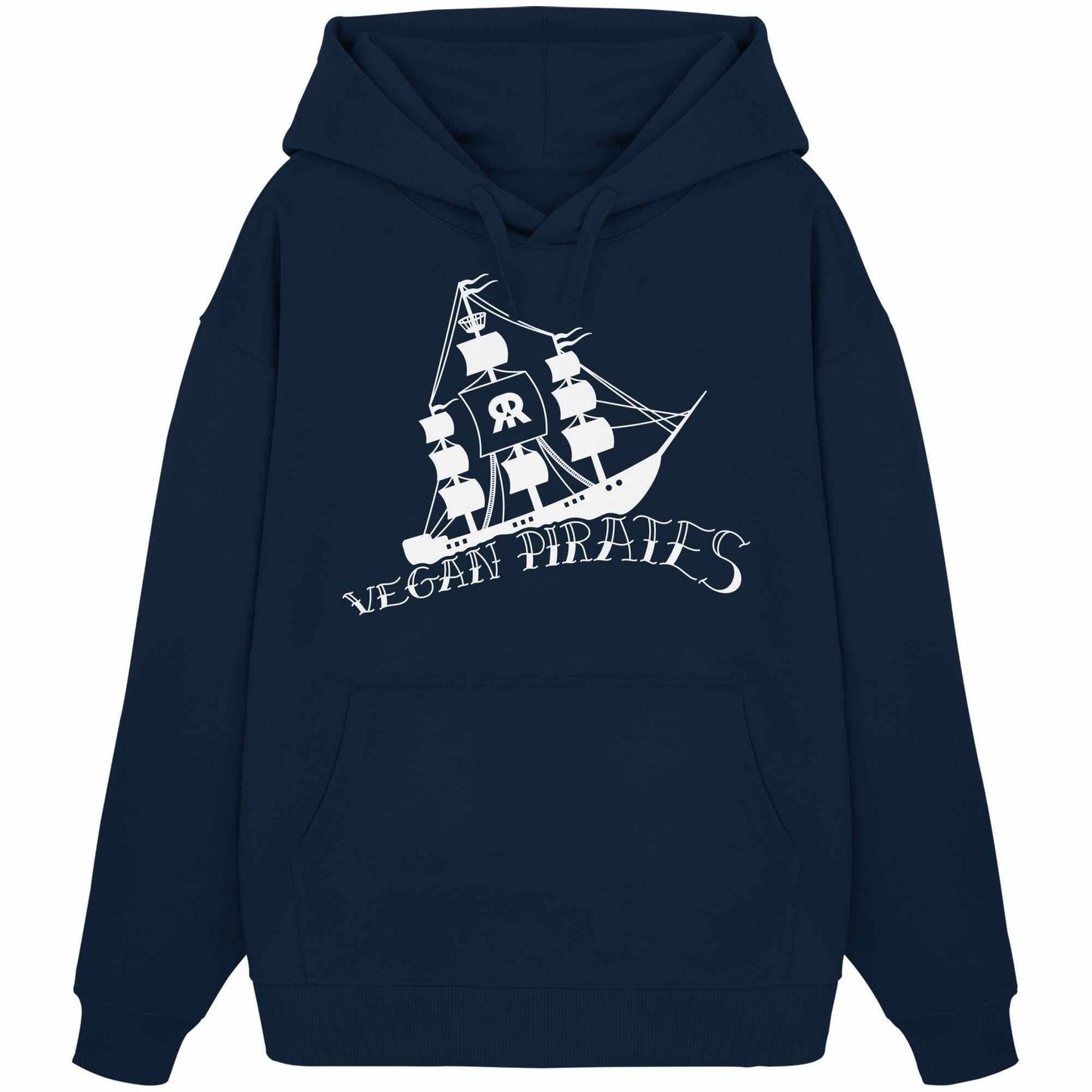 Vegan und Bio Oversized Hoodie: Vegan Pirates mit Piratenschiff-Design, aus 100% Bio-Baumwolle, oversized Schnitt, Kapuze, Kängurutasche, von RUDE REBEL.