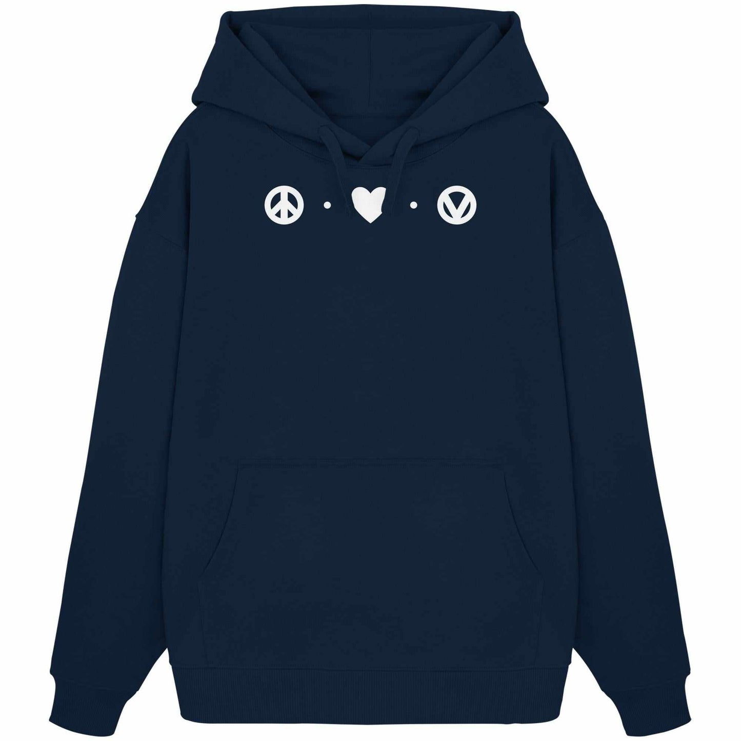 Vegan und Bio Oversized Hoodie: Love - Peace - Veganism mit weißem Peace-Zeichen auf blauem Stoff, Kapuze und Kängurutasche, aus 100% Bio-Baumwolle.