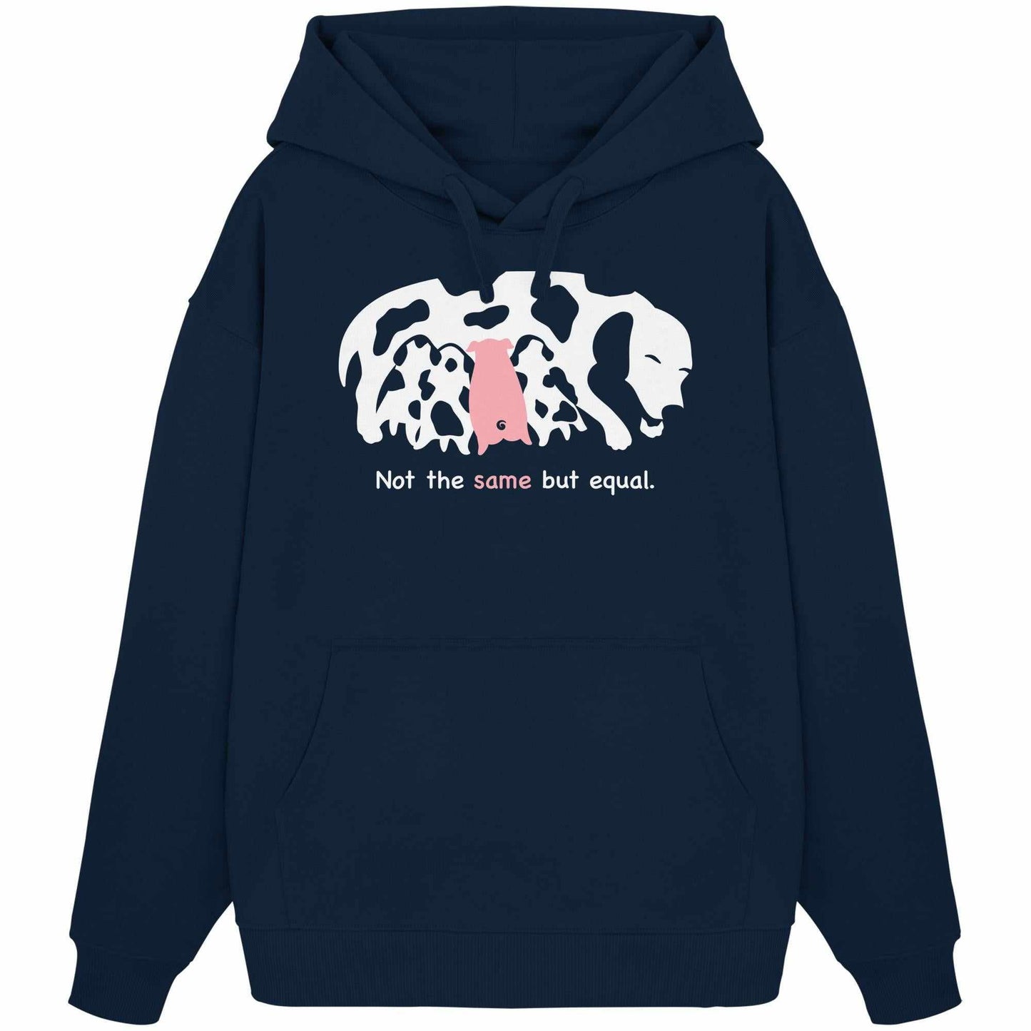 Vegan und Bio Oversized Hoodie mit Hund und Ferkel-Design, symbolisiert Tiergleichheit. Hergestellt aus 100% Bio-Baumwolle, Kapuze, Kängurutasche, oversized Schnitt.