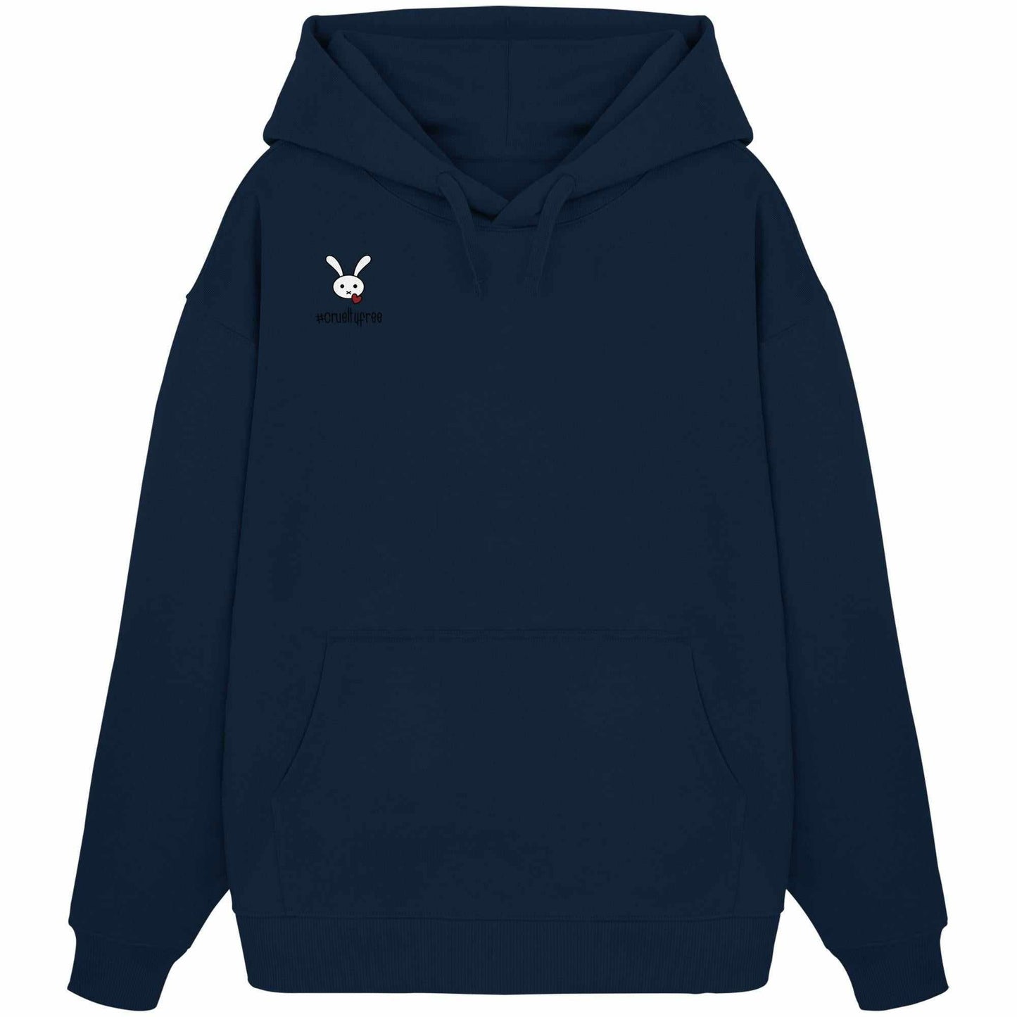 Vegan und Bio Oversized Hoodie: Crueltyfree Bunny mit weißem Kaninchen-Motiv auf der Vorderseite, aus 100% Bio-Baumwolle, mit Kängurutasche und Kapuze.