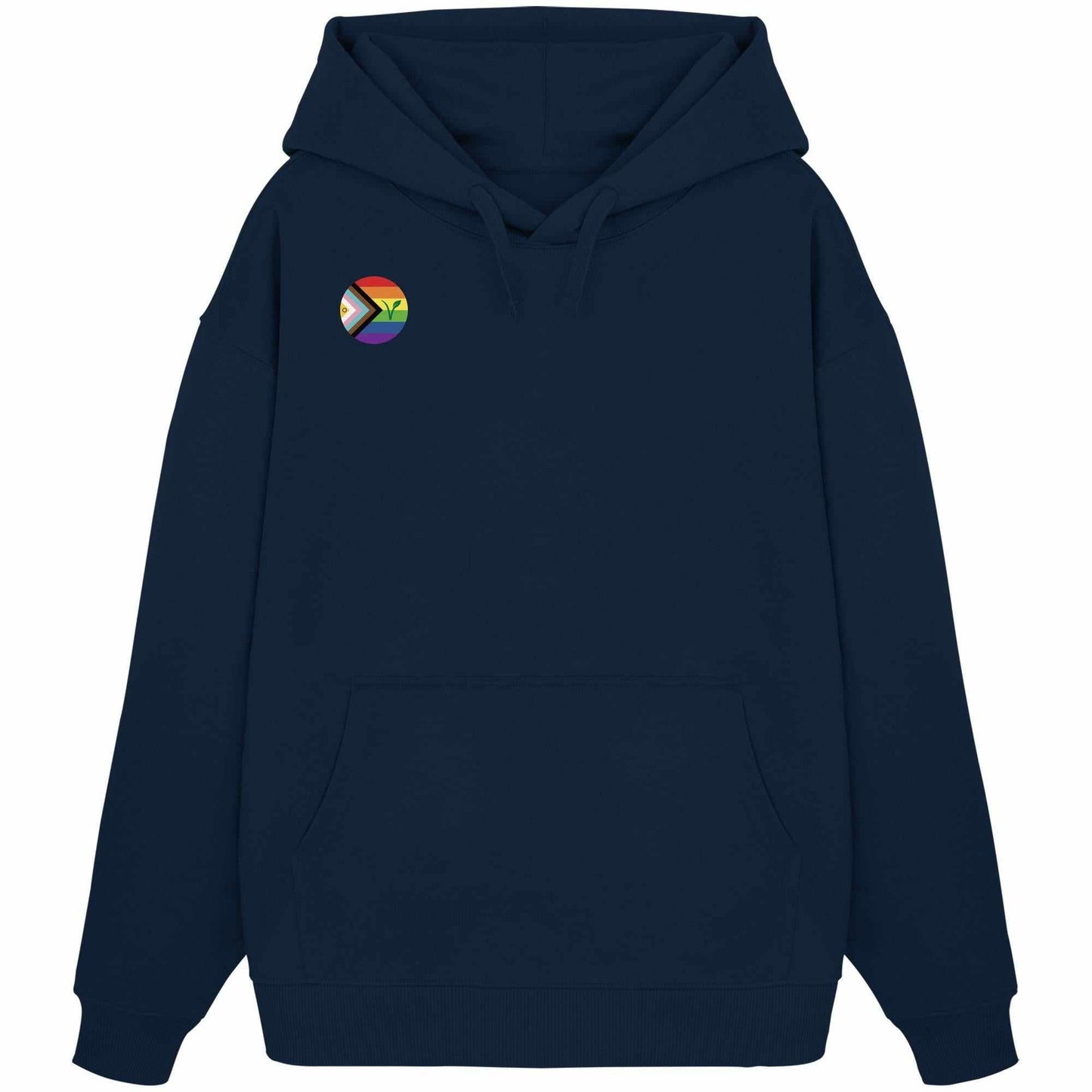 Vegan und Bio Oversized Hoodie: LGBTQIA+ VEGAN, blauer Hoodie mit Regenbogenlogo und Blatt, aus 100% Bio-Baumwolle, rebellisches und nachhaltiges Design von RUDE REBEL.