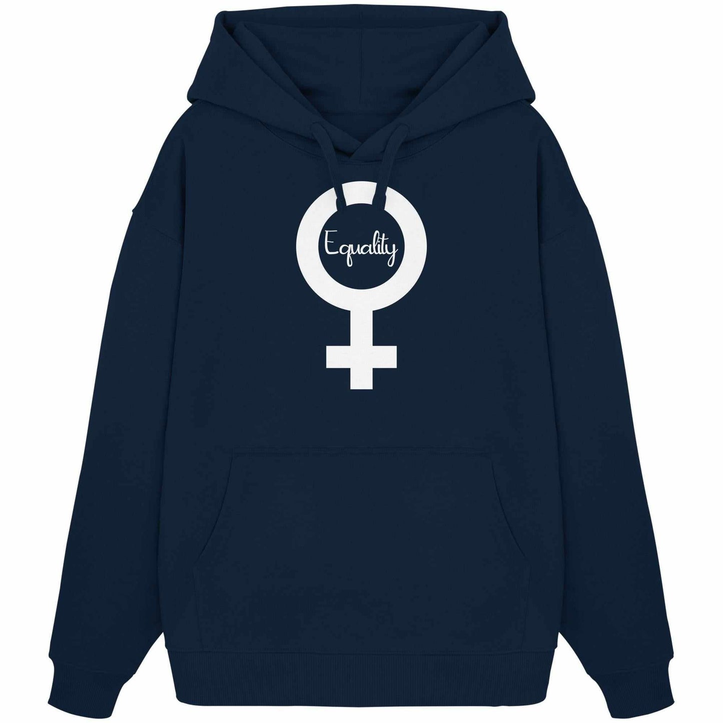 Vegan und Bio Oversized Hoodie: Feminismus - Der Kampf um Gleichberechtigung, zeigt ein weißes Symbol und Text auf blauem Hintergrund. Hergestellt aus 100% Bio-Baumwolle.