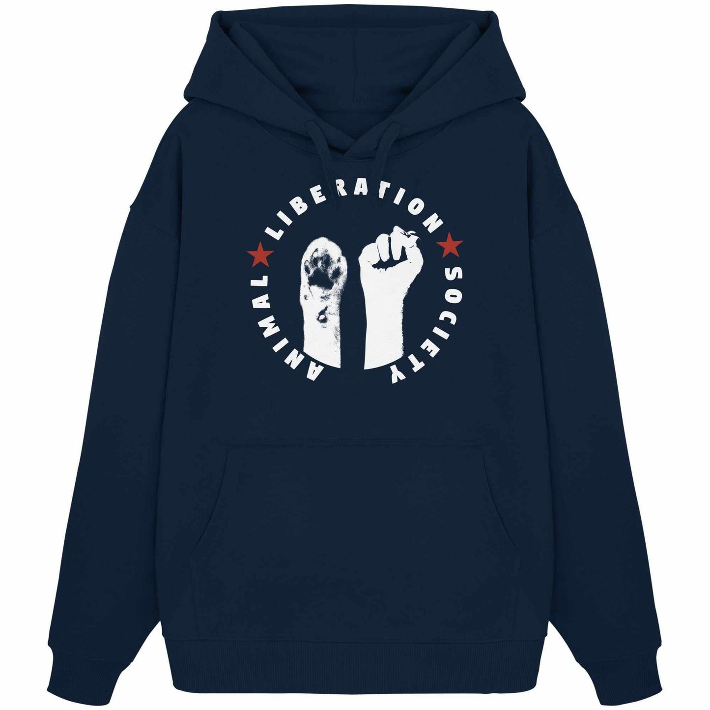 Vegan und Bio Oversized Hoodie mit Faust- und Pfotenmotiv für Tierrechte. 100% Bio-Baumwolle, Kapuze, Kängurutasche. Rebellisches Design von RUDE REBEL.