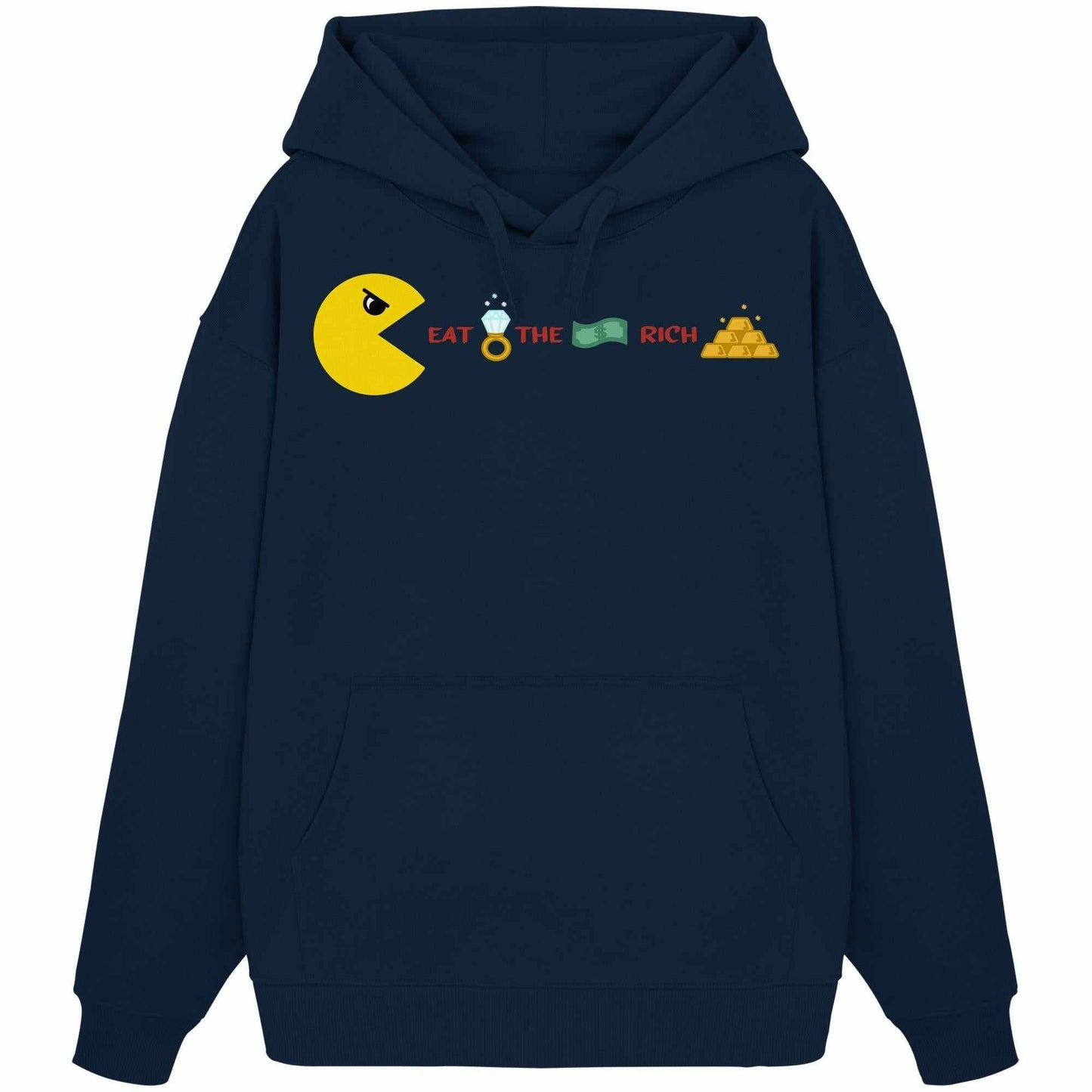 Vegan und Bio Oversized Hoodie: PAC-MAN - Eat the rich mit Pac-Man-Motiv, Goldbarren und Dollarzeichen, aus 100% Bio-Baumwolle, rebellisches Design von RUDE REBEL.