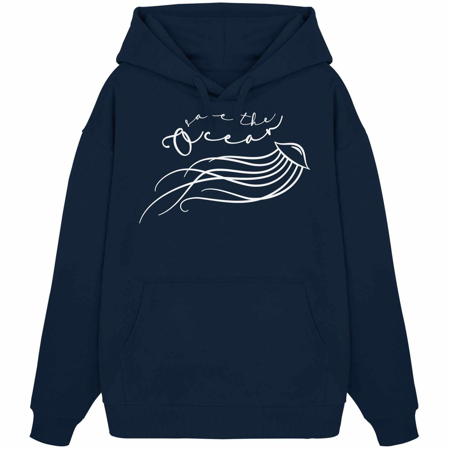 Vegan und Bio Oversized Hoodie mit Quallen-Design und Save the Ocean-Aufruf, betont nachhaltigen Stil. Kapuze, Kängurutasche und Bio-Baumwolle unterstreichen die Botschaft.