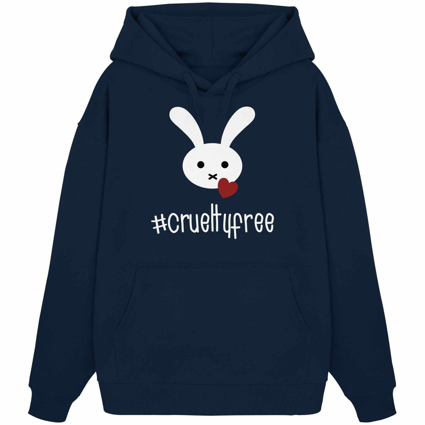 Vegan und Bio Oversized Hoodie: Crueltyfree Bunny BIG mit weißem Cartoon-Hasen und Herzmotiv, aus 100% Bio-Baumwolle, Kapuze und Kängurutasche, rebellisches Design.