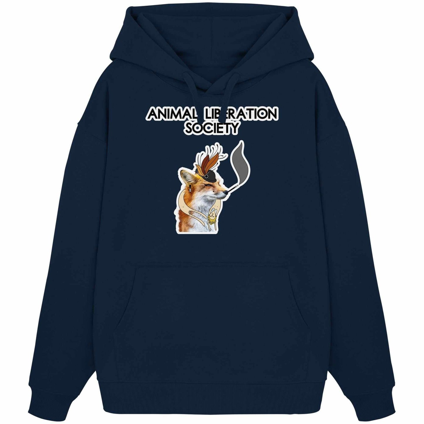 Vegan und Bio Oversized Hoodie: Mrs. Fox - Animal Liberation Society, zeigt einen Fuchs mit Hut und Pfeife, symbolisiert Tierrechte, aus 100% Bio-Baumwolle, Kängurutasche vorne.