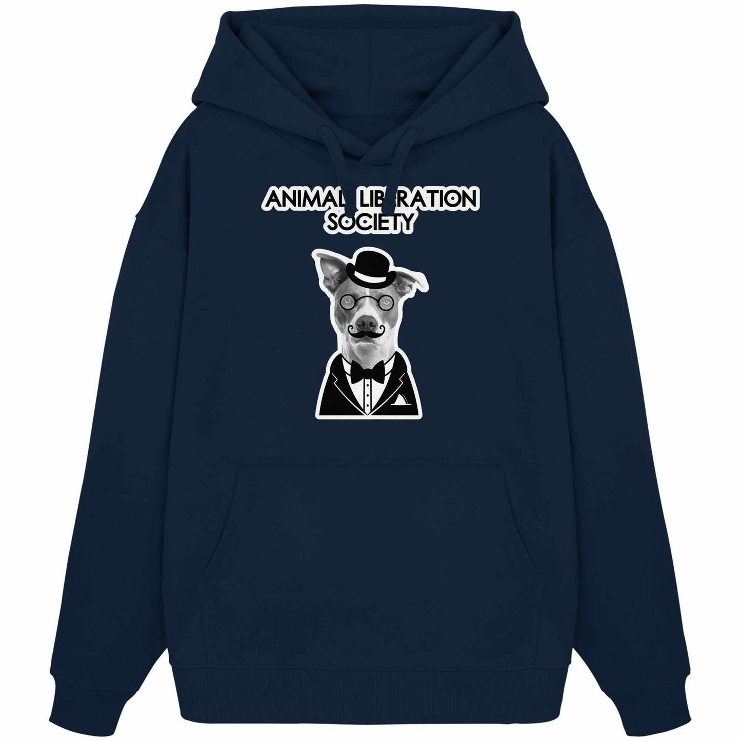 Vegan und Bio Oversized Hoodie: Mr. Dog - Animal Liberation Society, zeigt einen Hund mit Brille und Schnurrbart, inspiriert von Tierrechten, aus 100% Bio-Baumwolle.