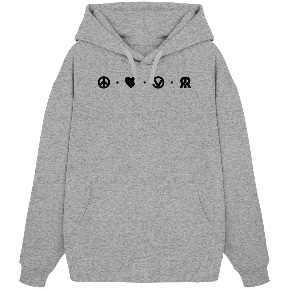 Vegan und Bio Oversized Hoodie: Peace - Love - Veganism - RUDE REBEL mit Friedenszeichen, Herz, Vegan-Emblem und rebellischem Monogramm, aus 100% Bio-Baumwolle, Kapuze und Kängurutasche.