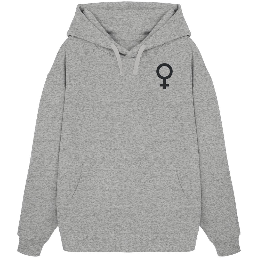 Vegan und Bio Oversized Hoodie mit besticktem Venussymbol, symbolisiert den feministischen Kampf. Aus 100% Bio-Baumwolle, mit Kängurutasche und Kapuze.